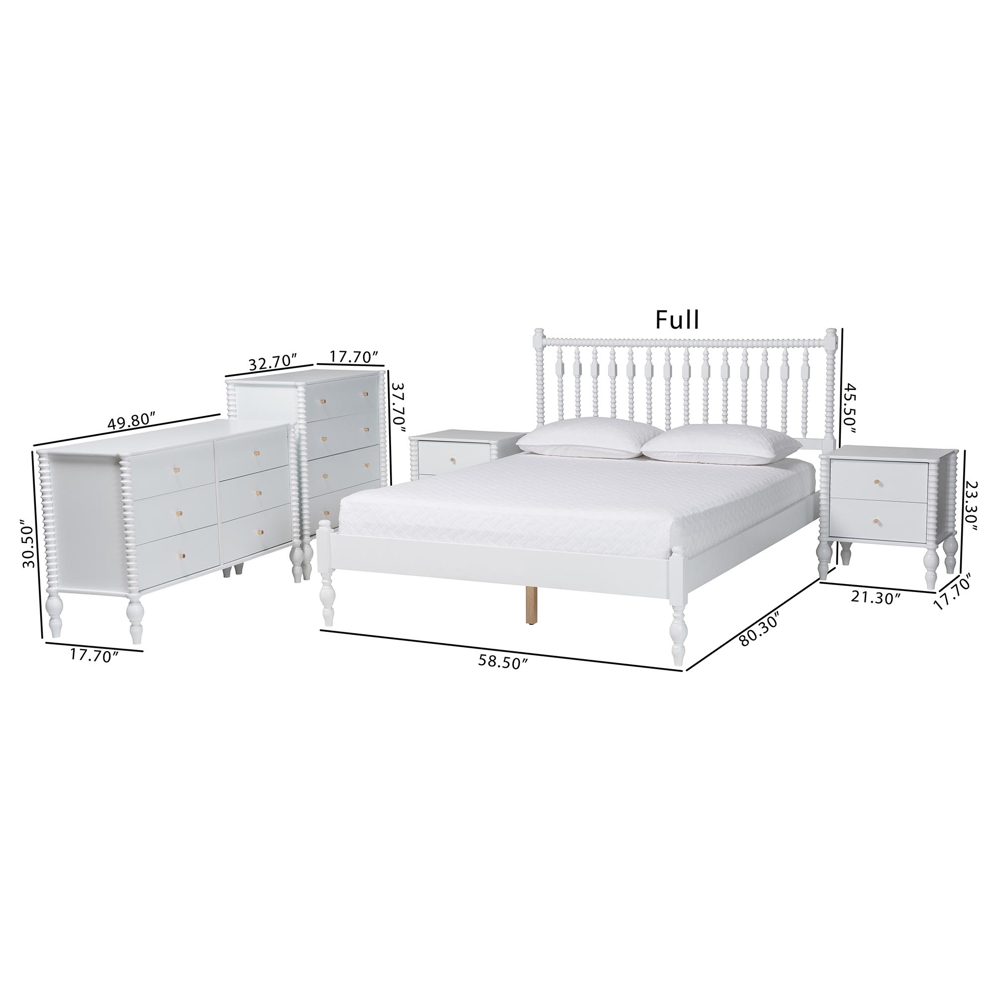 Baxton Studio Callison Spindle 5-Piece Bedroom Set - Farmhouse Platform Bed with Matching Dresser, Chest, and 2-Drawer Nightstands, White, Queen
