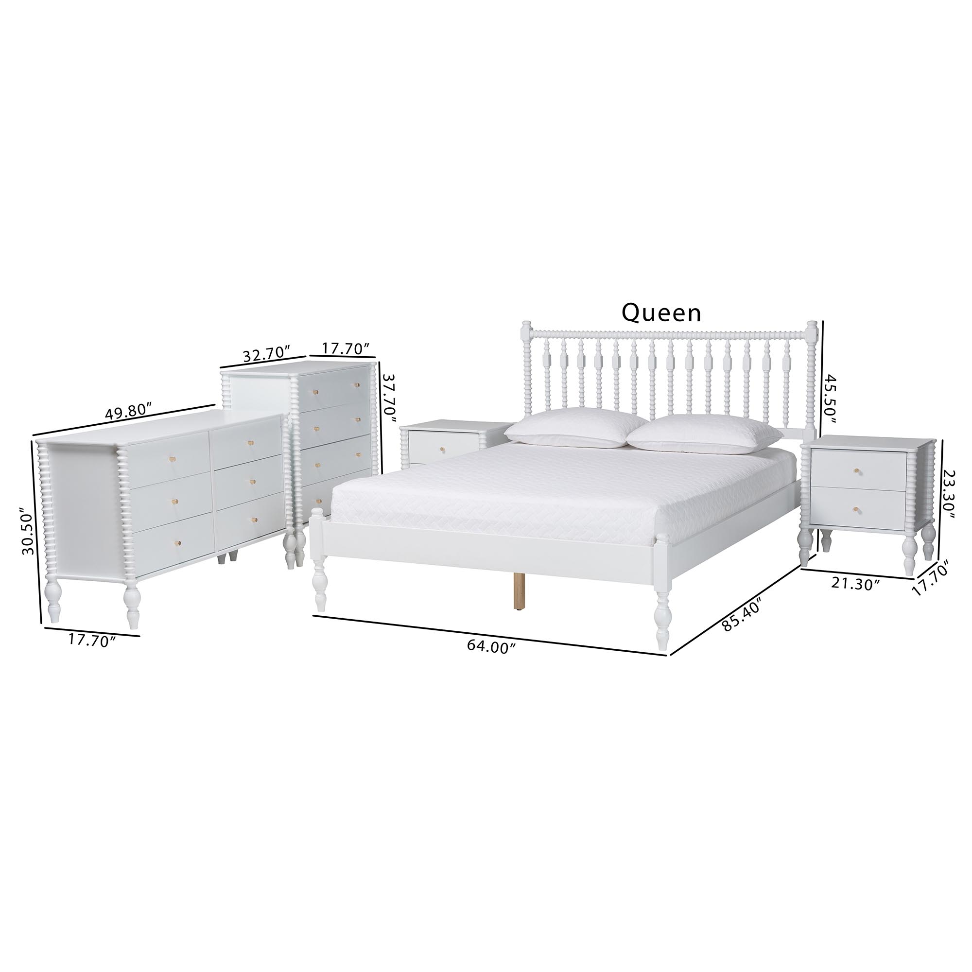 Baxton Studio Callison Spindle 5-Piece Bedroom Set - Farmhouse Platform Bed with Matching Dresser, Chest, and 2-Drawer Nightstands, White, Full
