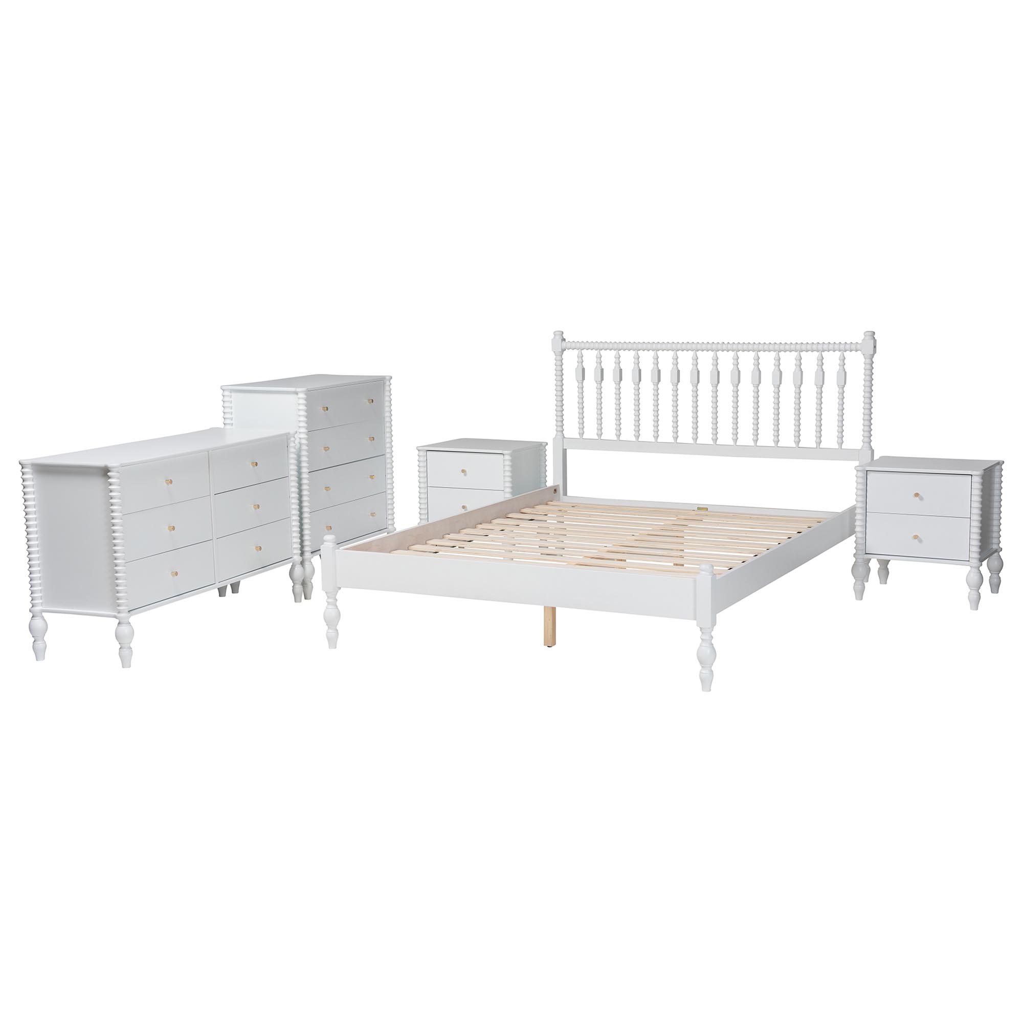 Baxton Studio Callison Spindle 5-Piece Bedroom Set - Farmhouse Platform Bed with Matching Dresser, Chest, and 2-Drawer Nightstands, White, Full