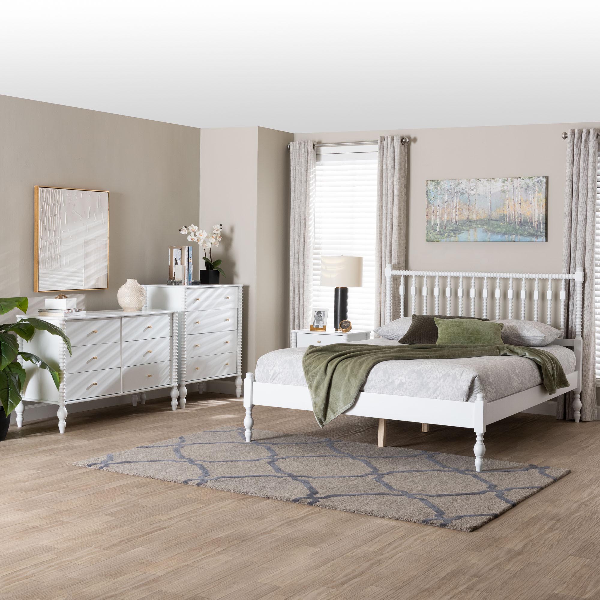 Baxton Studio Denita Spindle 4-Piece Bedroom Set - Farmhouse Platform Bed with Matching Dresser, Chest, and 1-Drawer Nightstand, White, Full