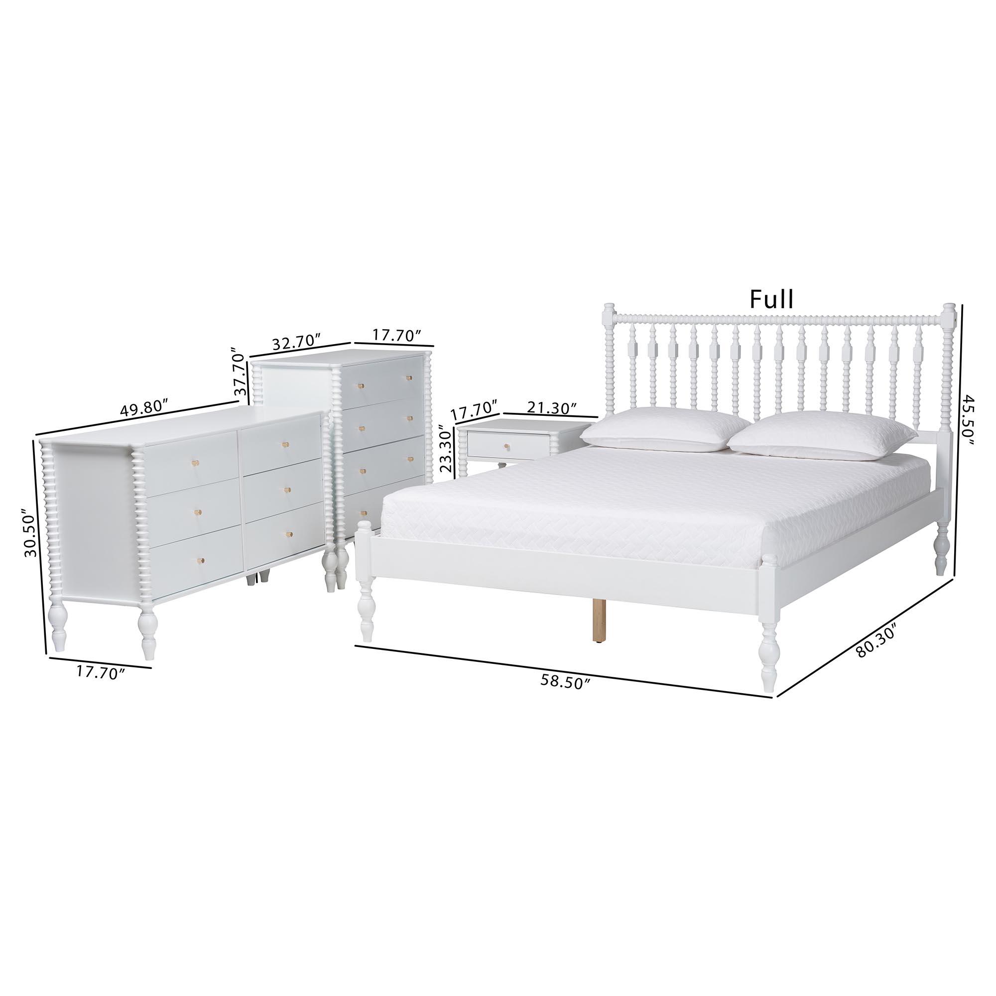 Baxton Studio Denita Spindle 4-Piece Bedroom Set - Farmhouse Platform Bed with Matching Dresser, Chest, and 1-Drawer Nightstand, White, Queen