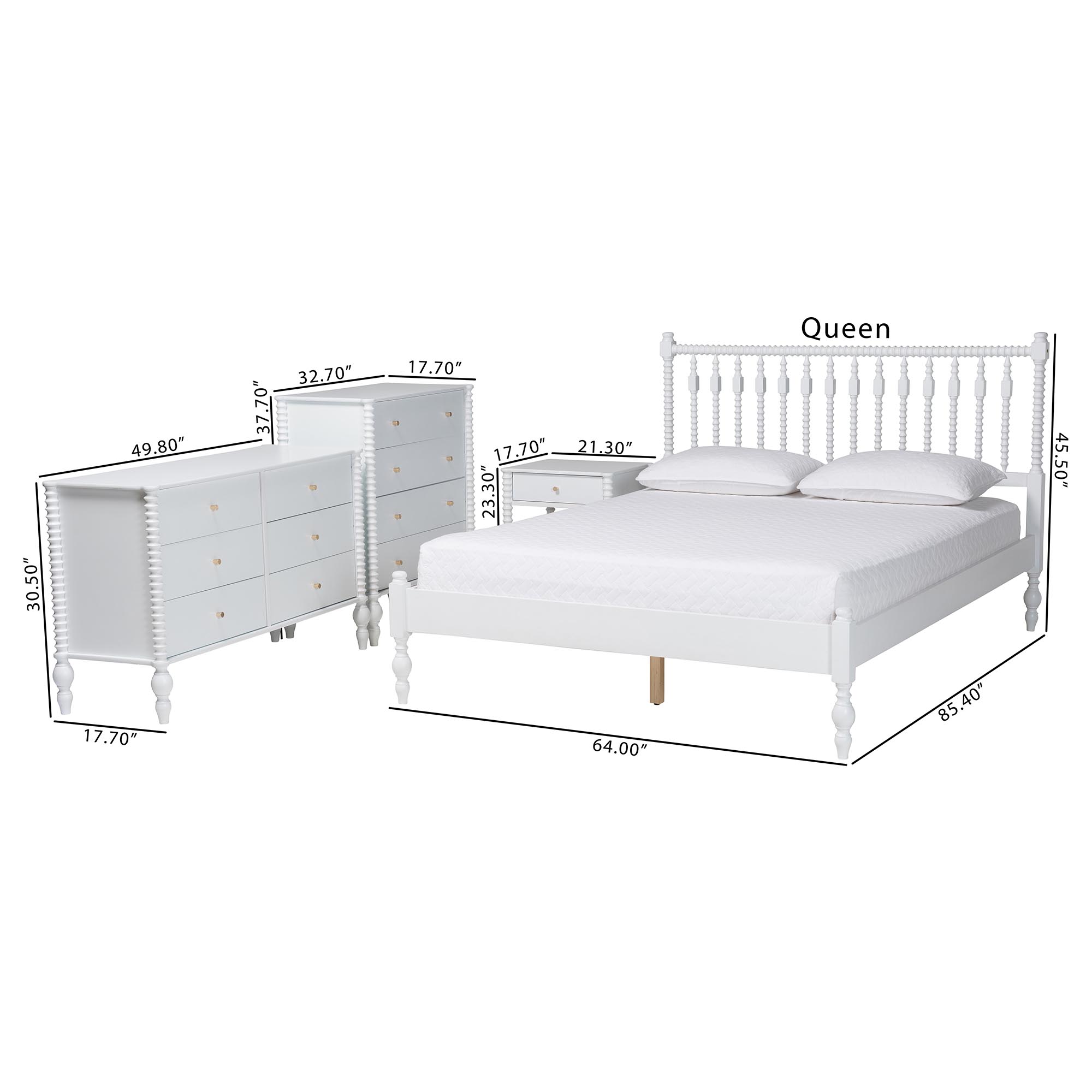 Baxton Studio Denita Spindle 4-Piece Bedroom Set - Farmhouse Platform Bed with Matching Dresser, Chest, and 1-Drawer Nightstand, White, Full