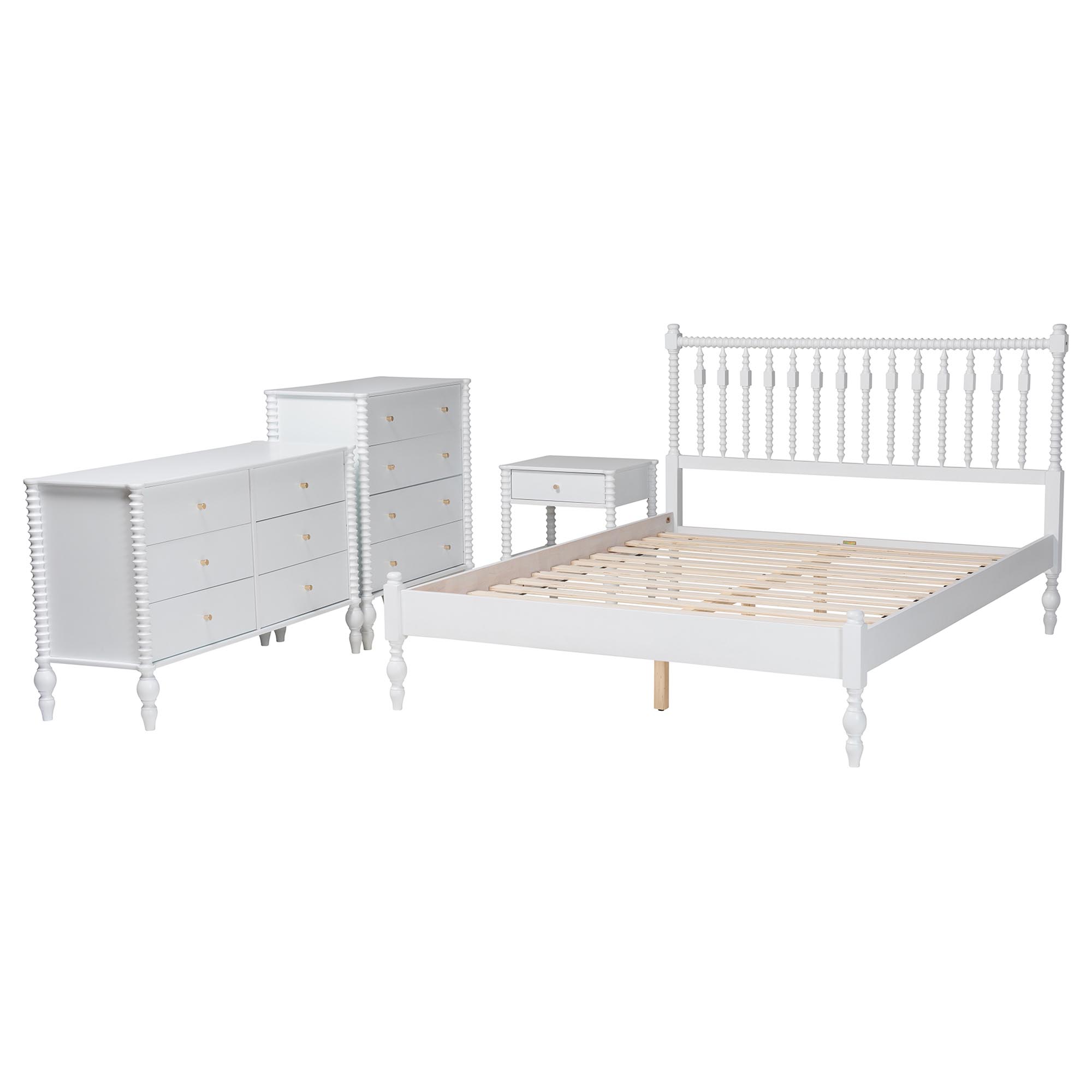 Baxton Studio Denita Spindle 4-Piece Bedroom Set - Farmhouse Platform Bed with Matching Dresser, Chest, and 1-Drawer Nightstand, White, Full