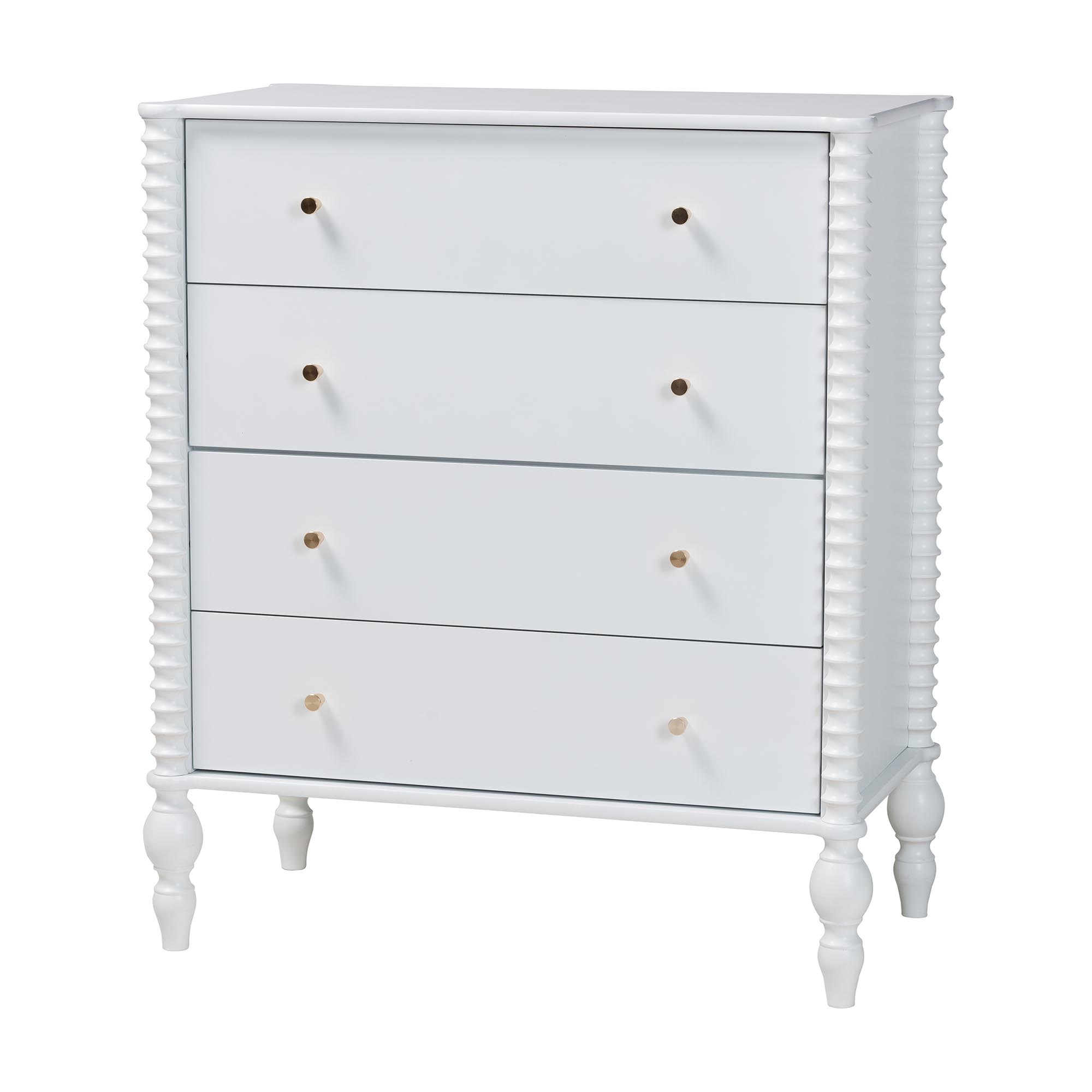 Baxton Studio Denita Spindle 4-Piece Bedroom Set - Farmhouse Platform Bed with Matching Dresser, Chest, and 1-Drawer Nightstand, White, Queen