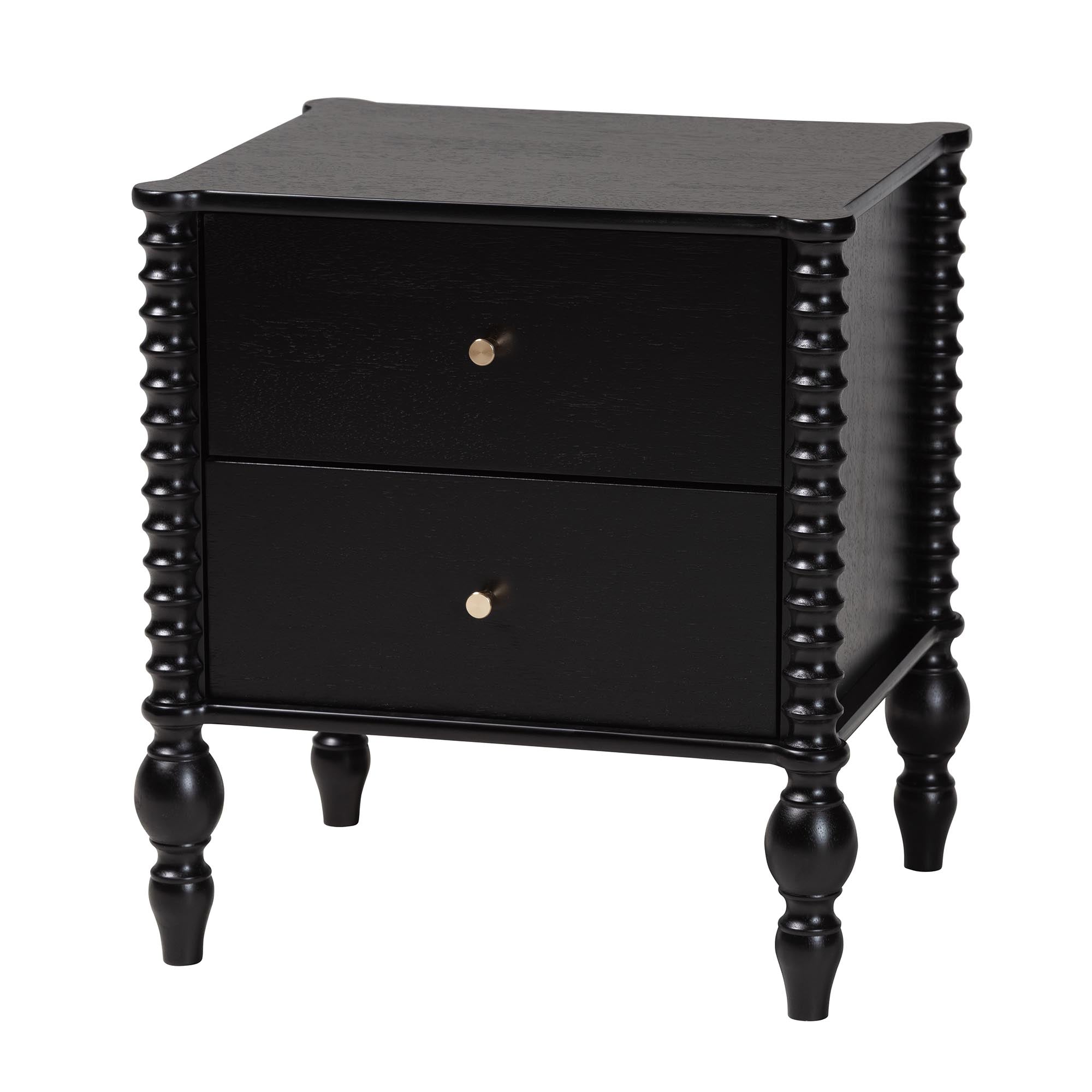 Baxton Studio Callison Spindle Nightstand - 2-Drawer Farmhouse Bedside Table with Turned Accents for Bedroom, Black
