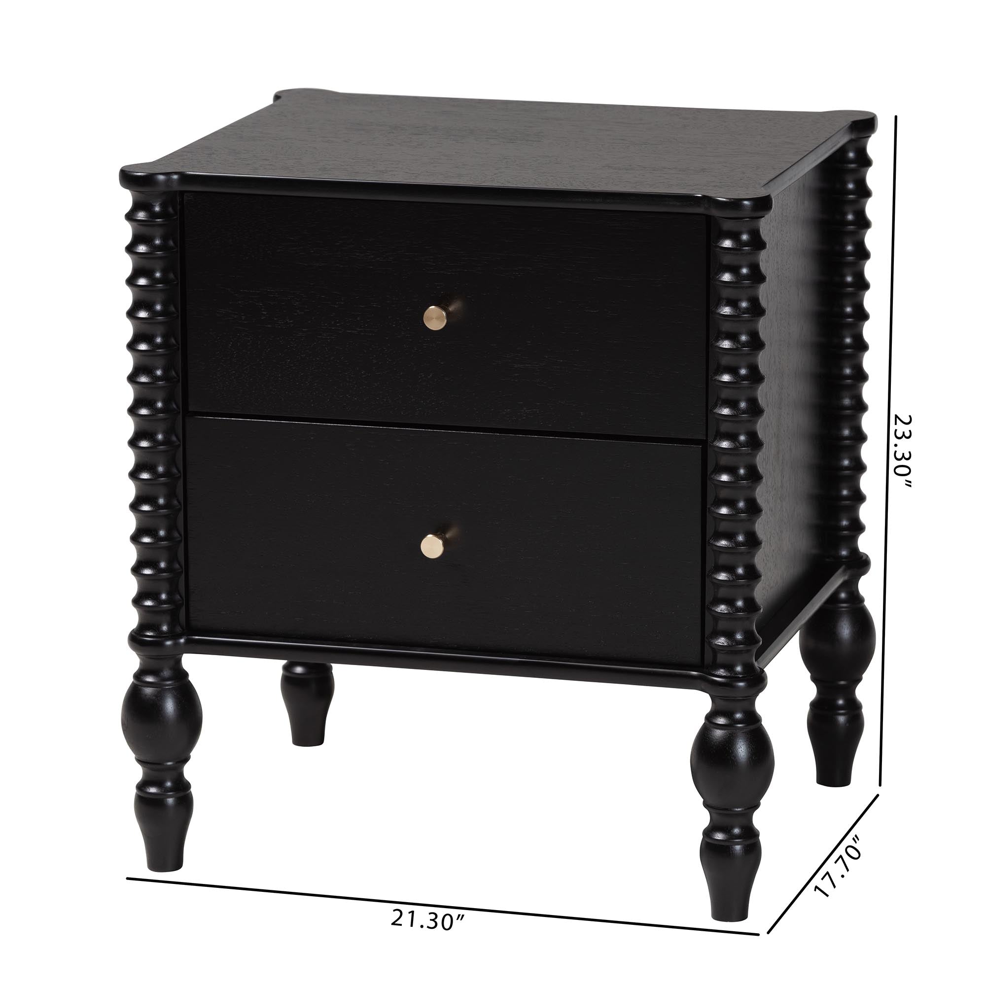 Baxton Studio Callison Spindle Nightstand - 2-Drawer Farmhouse Bedside Table with Turned Accents for Bedroom, Black