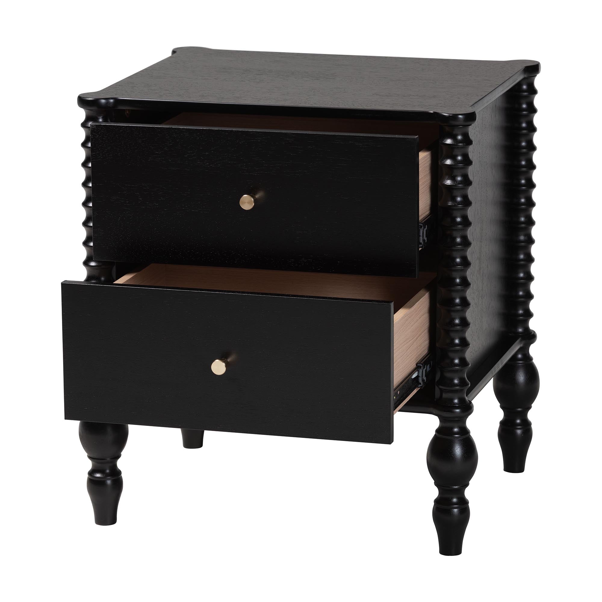 Baxton Studio Callison Spindle Nightstand - 2-Drawer Farmhouse Bedside Table with Turned Accents for Bedroom, Black