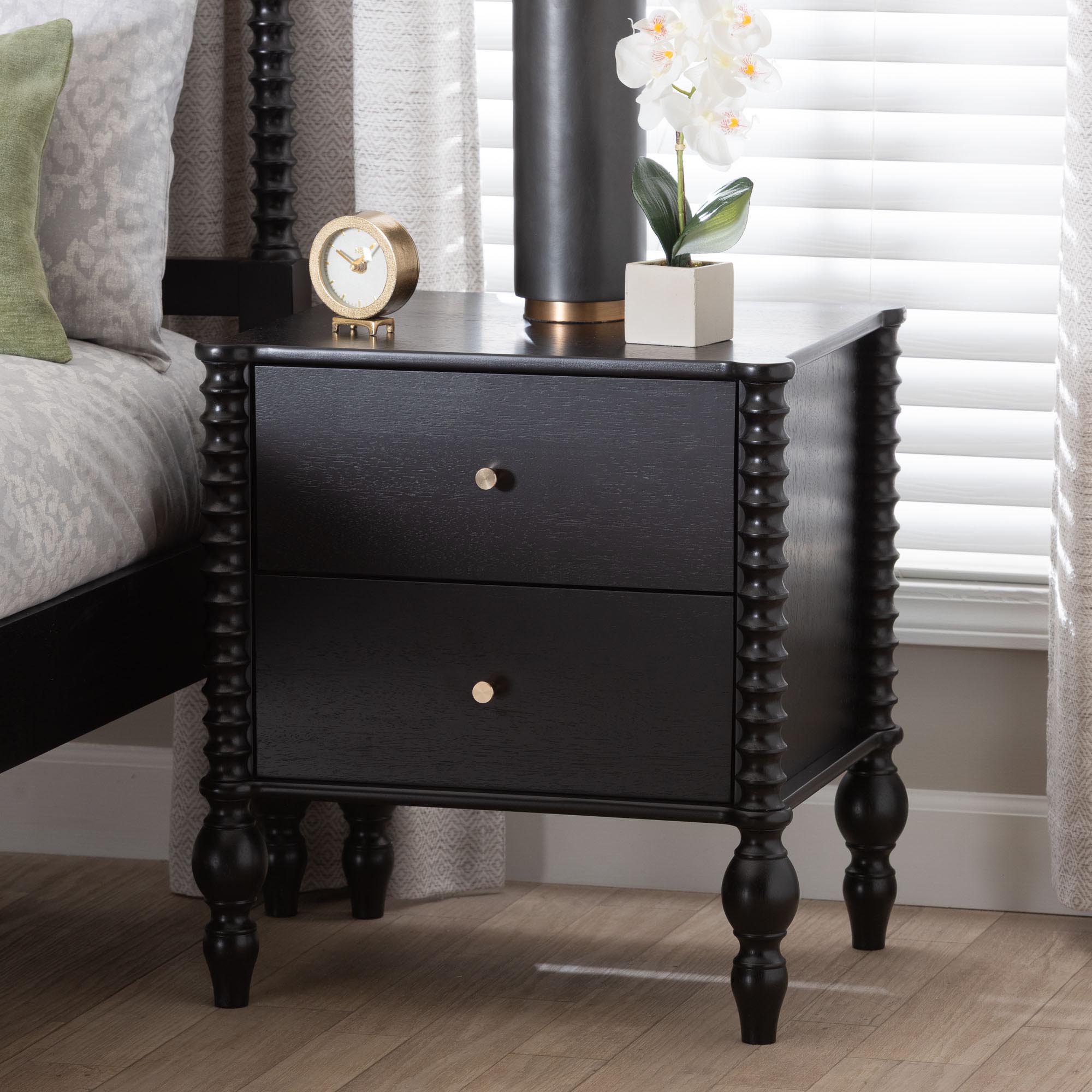 Baxton Studio Callison Spindle Nightstand - 2-Drawer Farmhouse Bedside Table with Turned Accents for Bedroom, Black