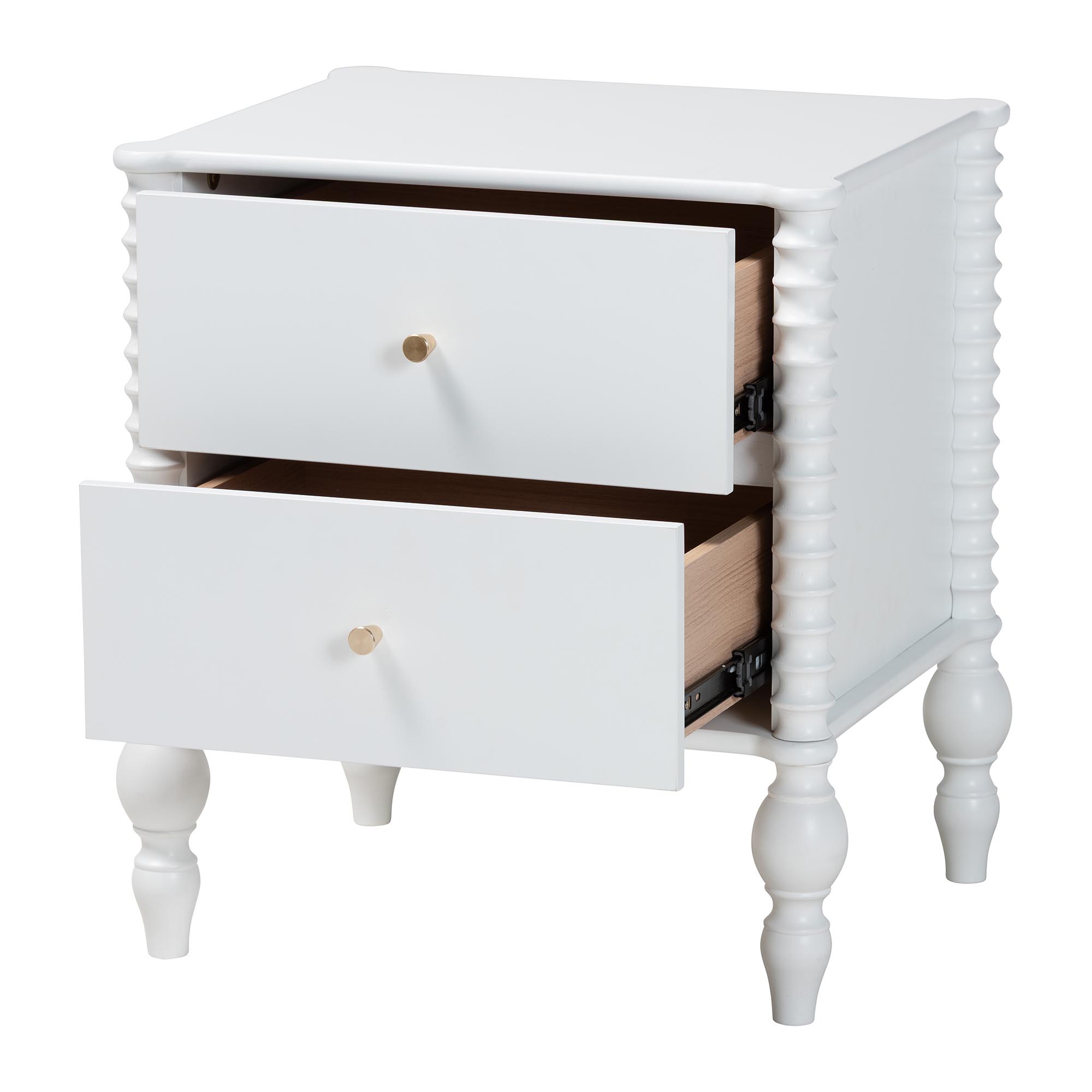 Baxton Studio Callison Spindle Nightstand - 2-Drawer Farmhouse Bedside Table with Turned Accents for Bedroom, White