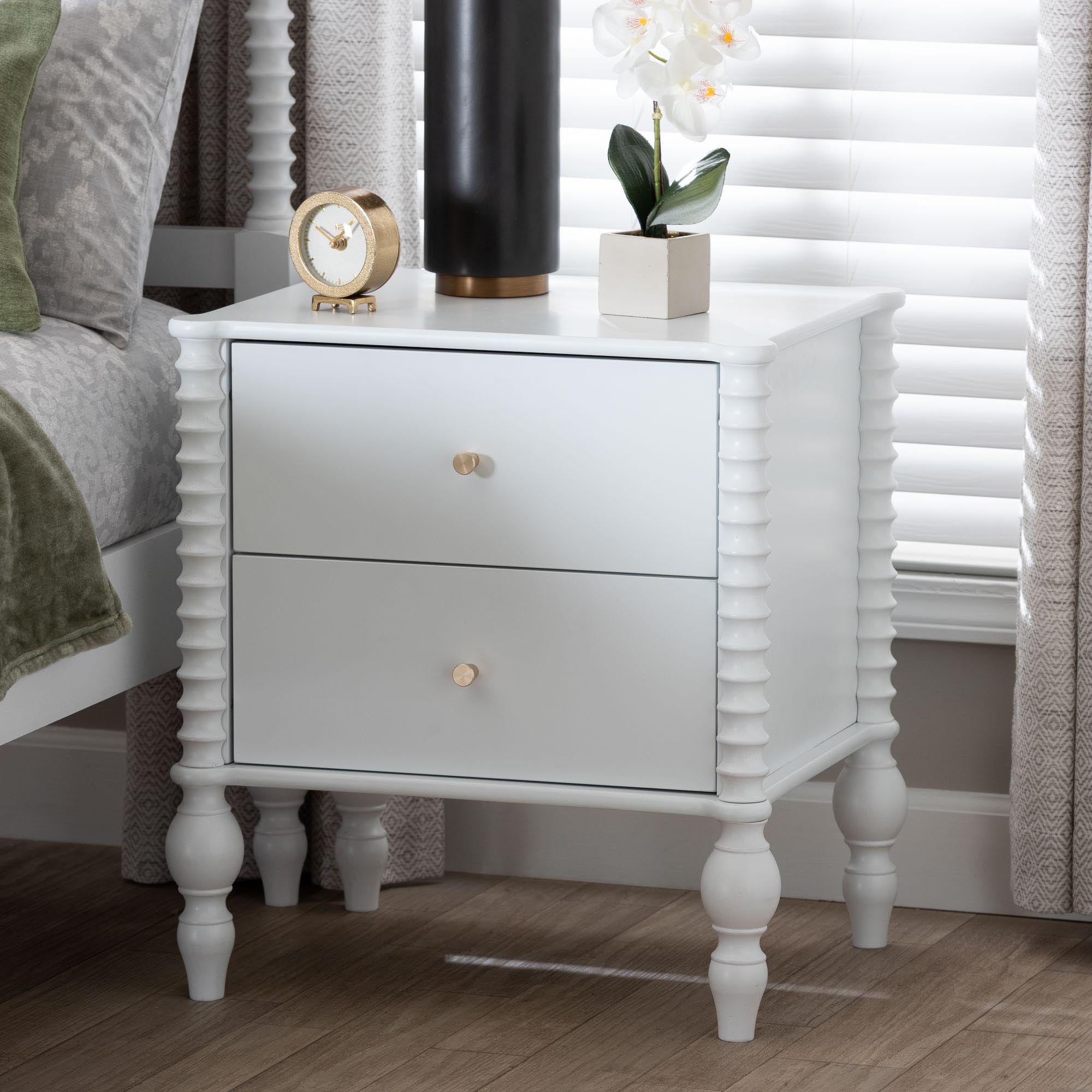 Baxton Studio Callison Spindle Nightstand - 2-Drawer Farmhouse Bedside Table with Turned Accents for Bedroom, White