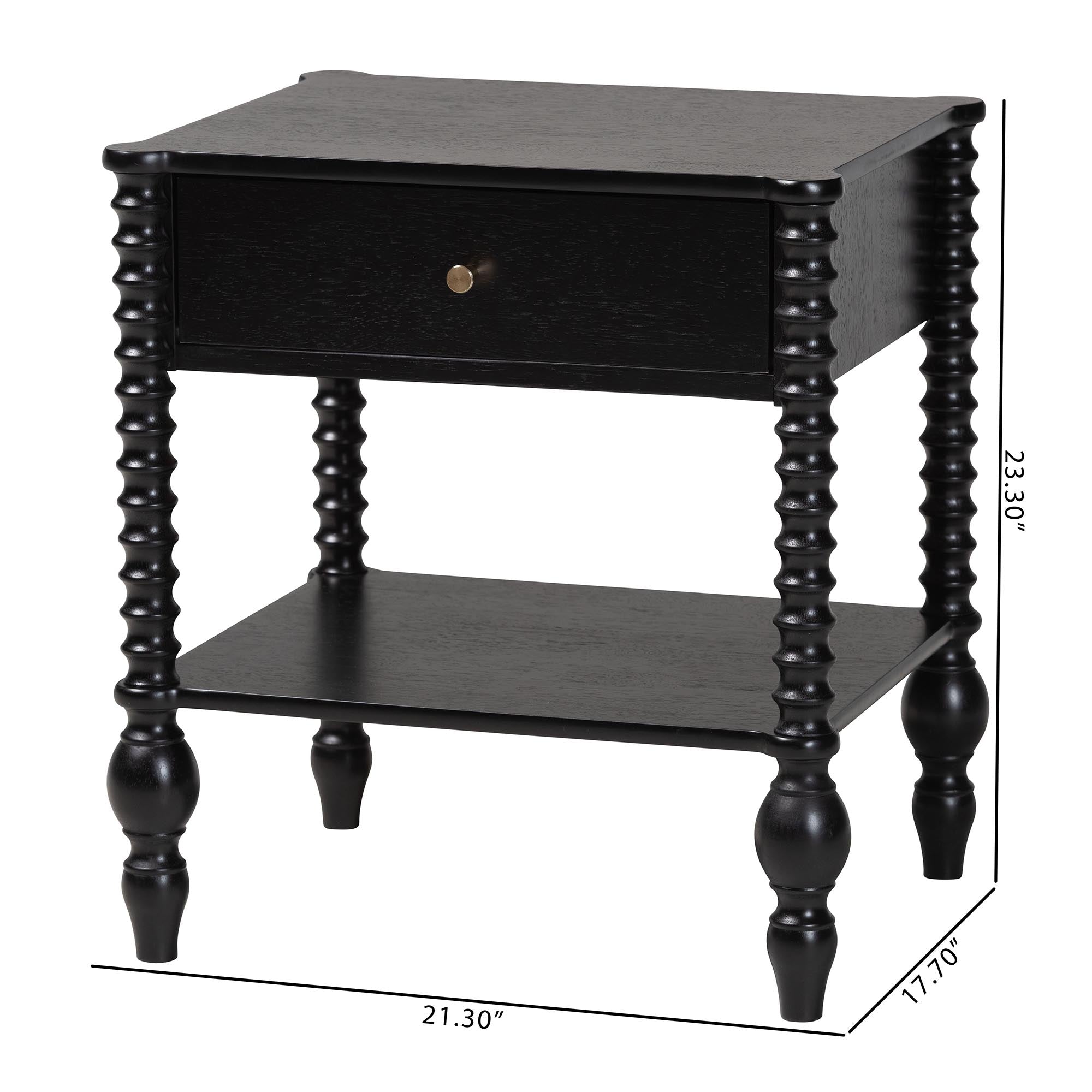 Baxton Studio Callison Spindle Nightstand - 1-Drawer Farmhouse Bedside Table with Open Shelf Storage and Turned Accents for Bedroom, Black