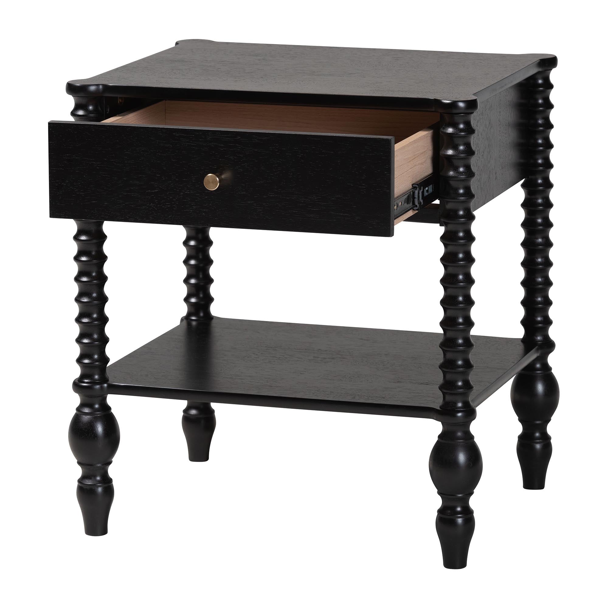 Baxton Studio Callison Spindle Nightstand - 1-Drawer Farmhouse Bedside Table with Open Shelf Storage and Turned Accents for Bedroom, Black