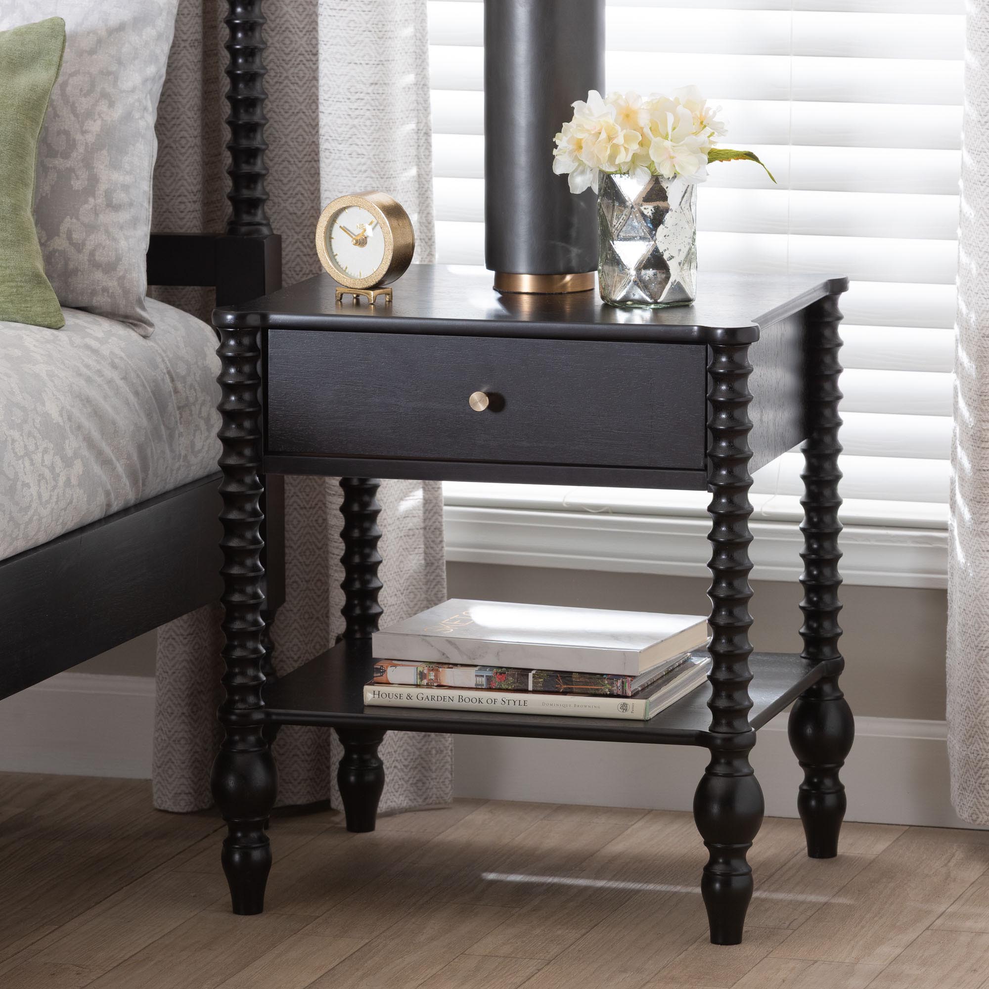 Baxton Studio Callison Spindle Nightstand - 1-Drawer Farmhouse Bedside Table with Open Shelf Storage and Turned Accents for Bedroom, Black