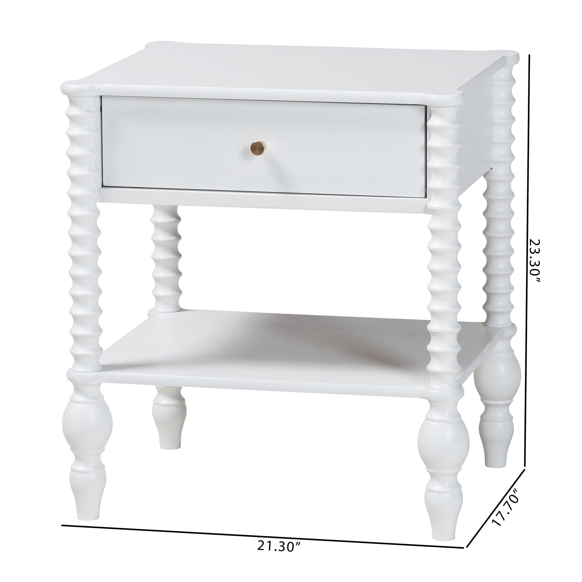 Baxton Studio Callison Spindle Nightstand - 1-Drawer Farmhouse Bedside Table with Open Shelf Storage and Turned Accents for Bedroom, White