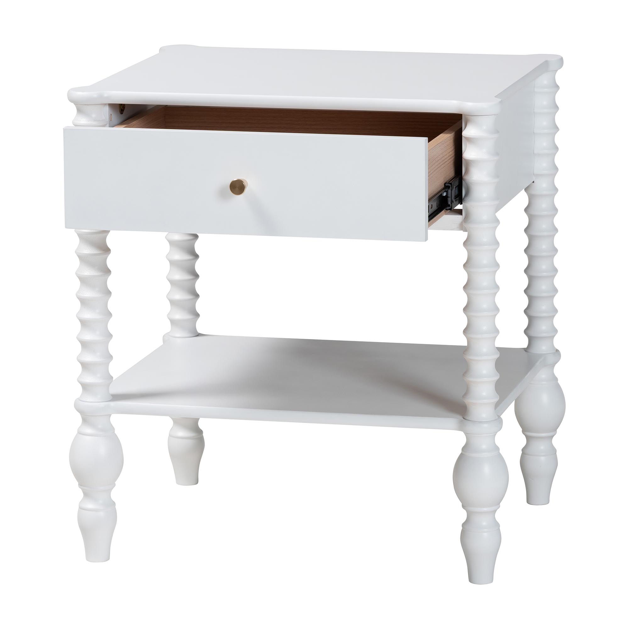 Baxton Studio Callison Spindle Nightstand - 1-Drawer Farmhouse Bedside Table with Open Shelf Storage and Turned Accents for Bedroom, White