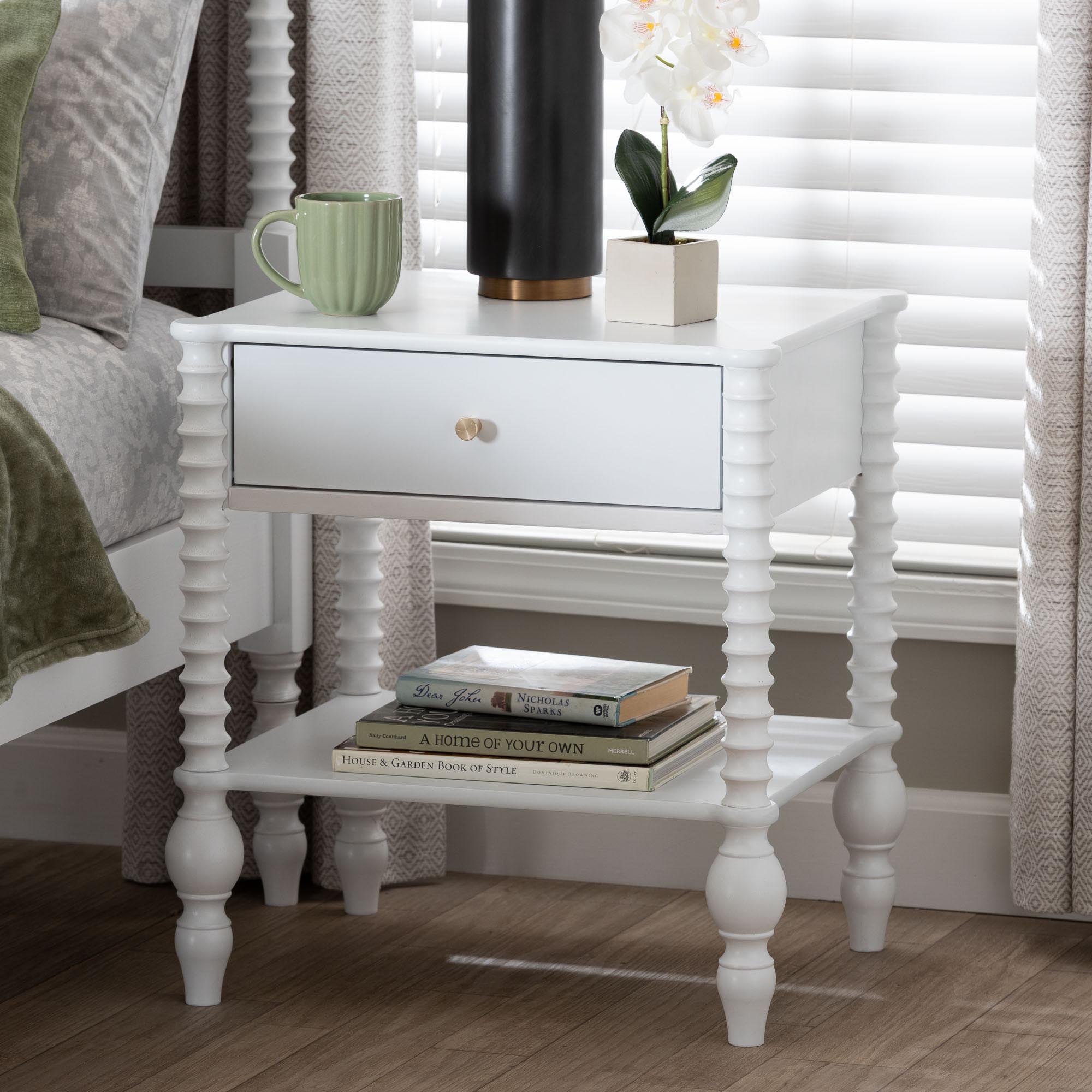 Baxton Studio Callison Spindle Nightstand - 1-Drawer Farmhouse Bedside Table with Open Shelf Storage and Turned Accents for Bedroom, White