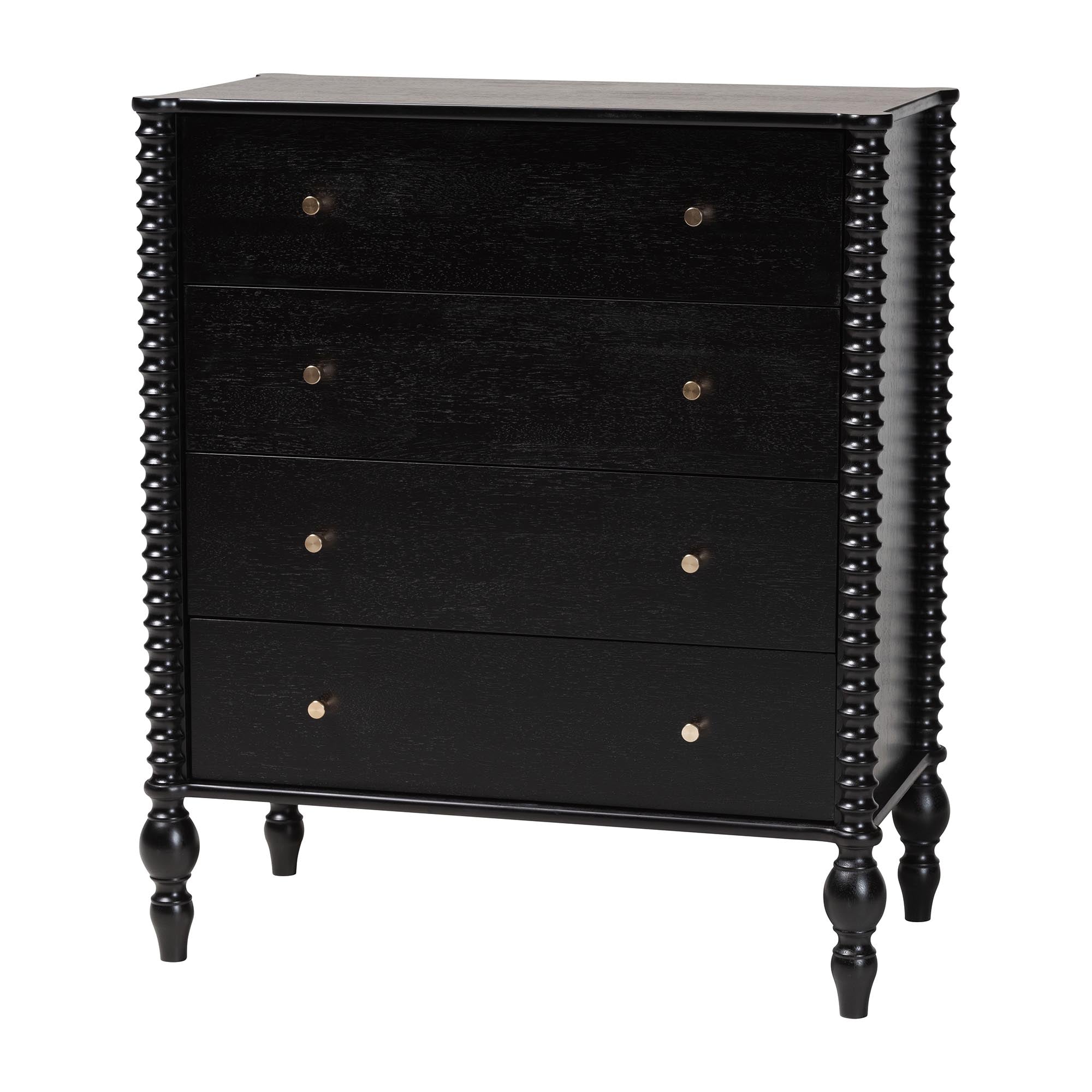 Baxton Studio Callison Spindle Chest - 4-Drawer Farmhouse Vertical Cabinet with Turned Accents for Bedroom, Black