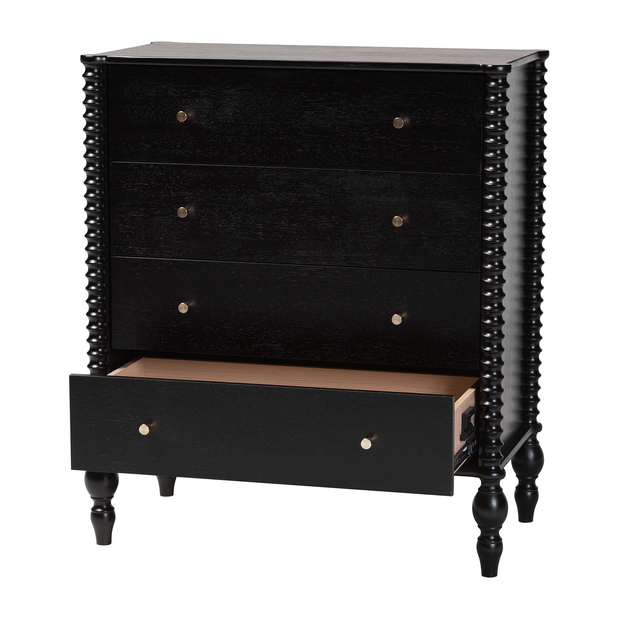 Baxton Studio Callison Spindle Chest - 4-Drawer Farmhouse Vertical Cabinet with Turned Accents for Bedroom, Black