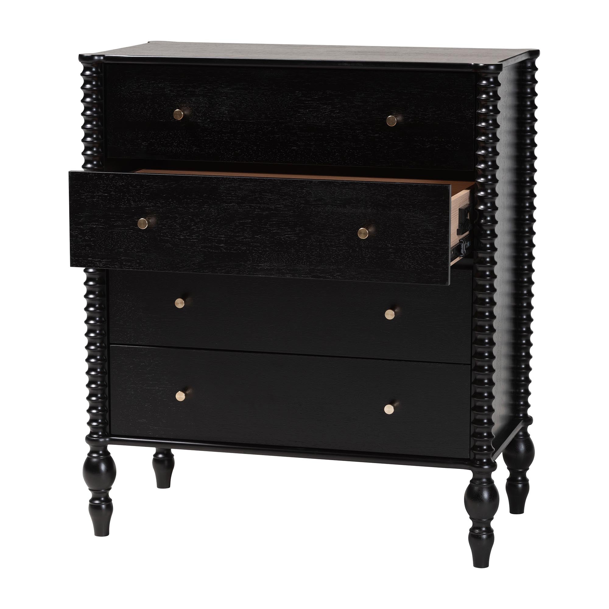Baxton Studio Callison Spindle Chest - 4-Drawer Farmhouse Vertical Cabinet with Turned Accents for Bedroom, Black