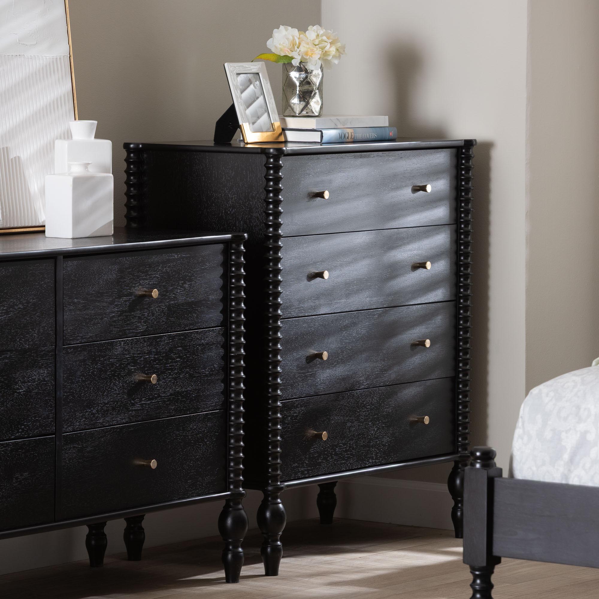Baxton Studio Callison Spindle Chest - 4-Drawer Farmhouse Vertical Cabinet with Turned Accents for Bedroom, Black