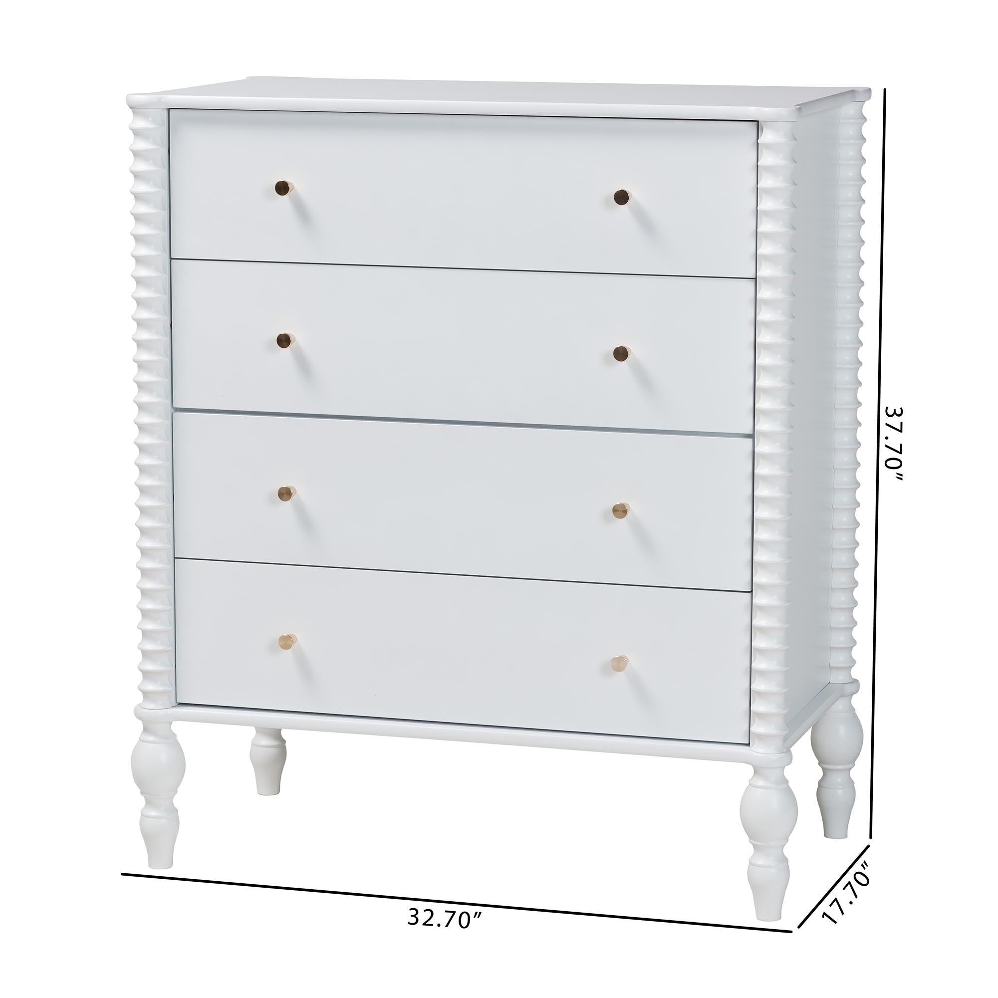 Baxton Studio Callison Spindle Chest - 4-Drawer Farmhouse Vertical Cabinet with Turned Accents for Bedroom, White