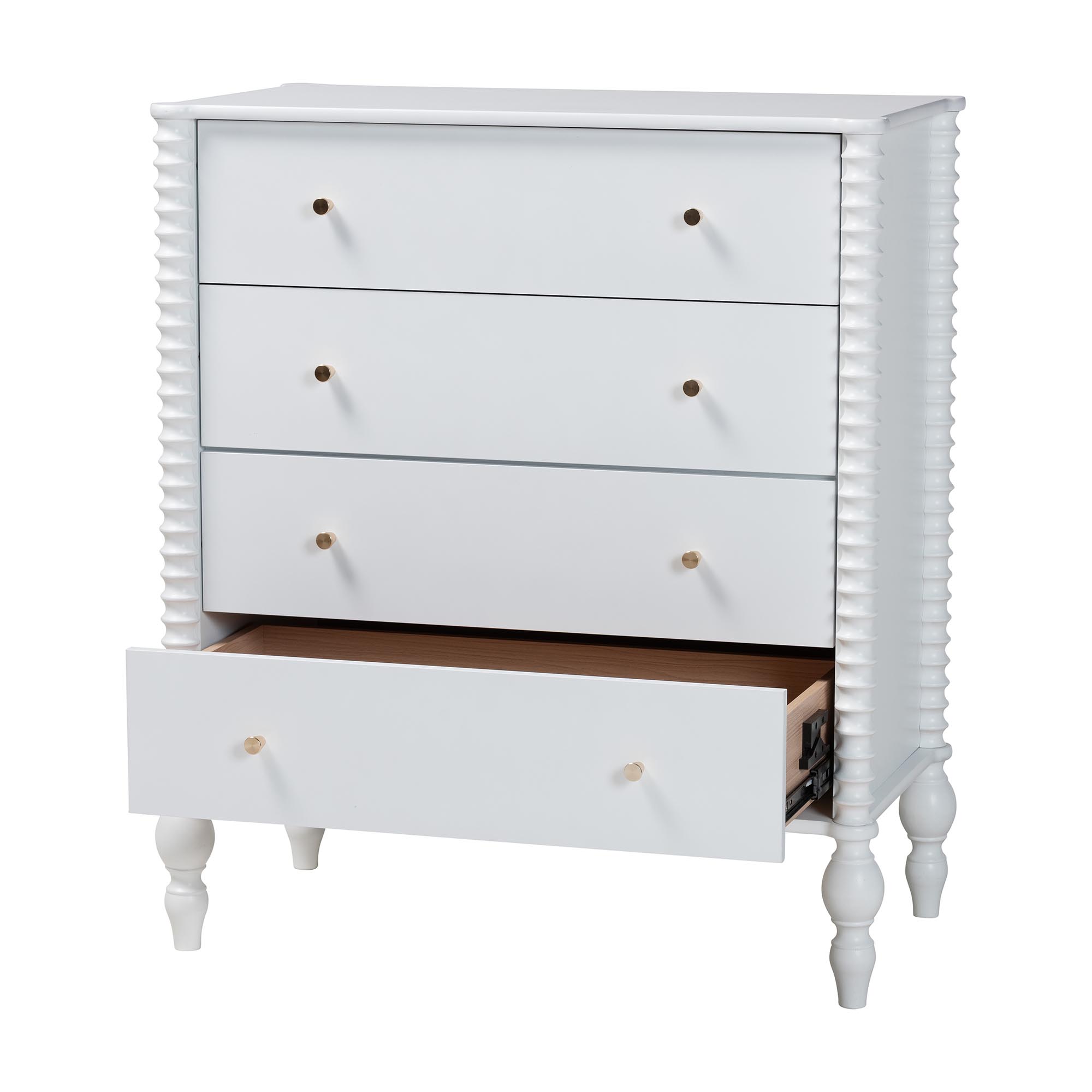 Baxton Studio Callison Spindle Chest - 4-Drawer Farmhouse Vertical Cabinet with Turned Accents for Bedroom, White