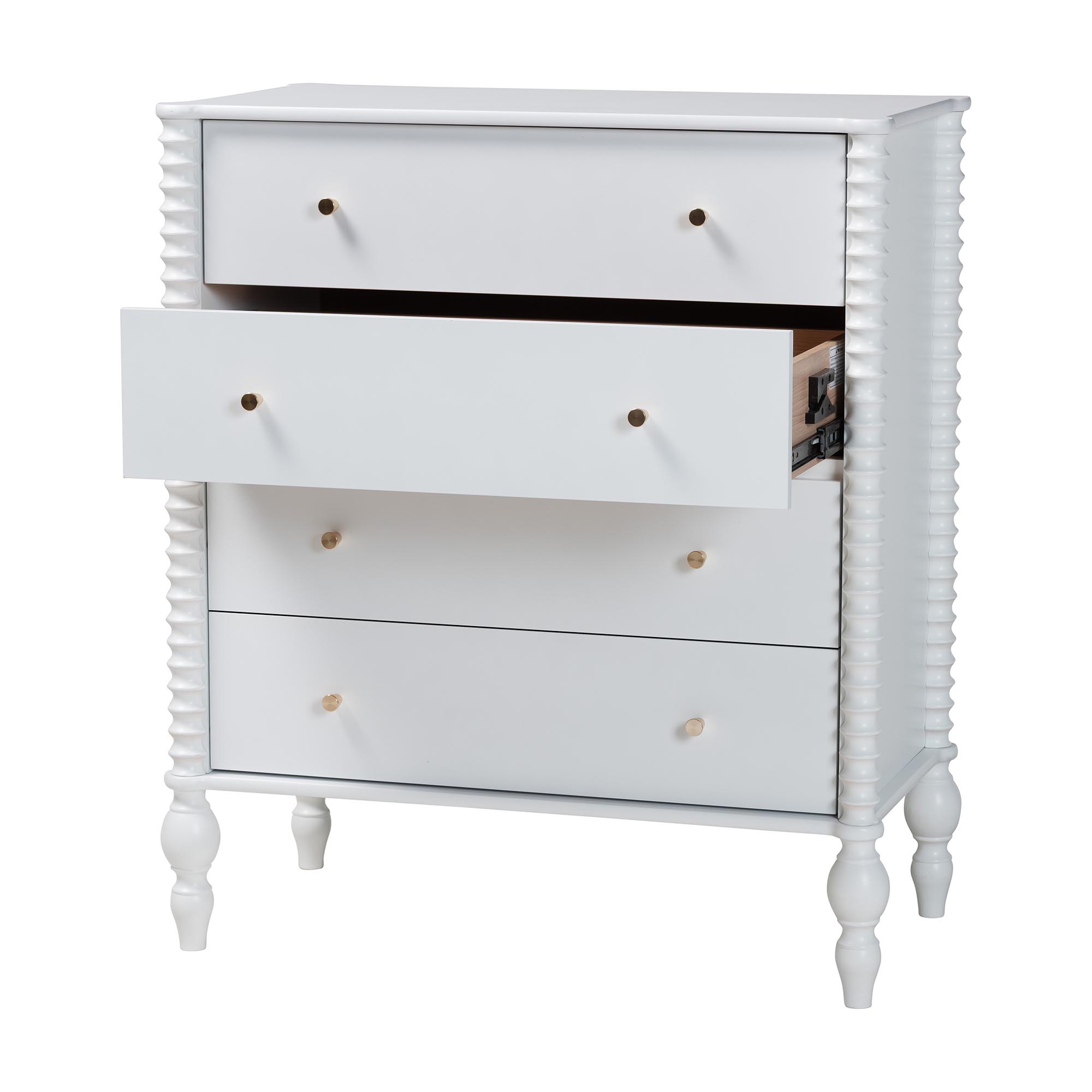 Baxton Studio Callison Spindle Chest - 4-Drawer Farmhouse Vertical Cabinet with Turned Accents for Bedroom, White