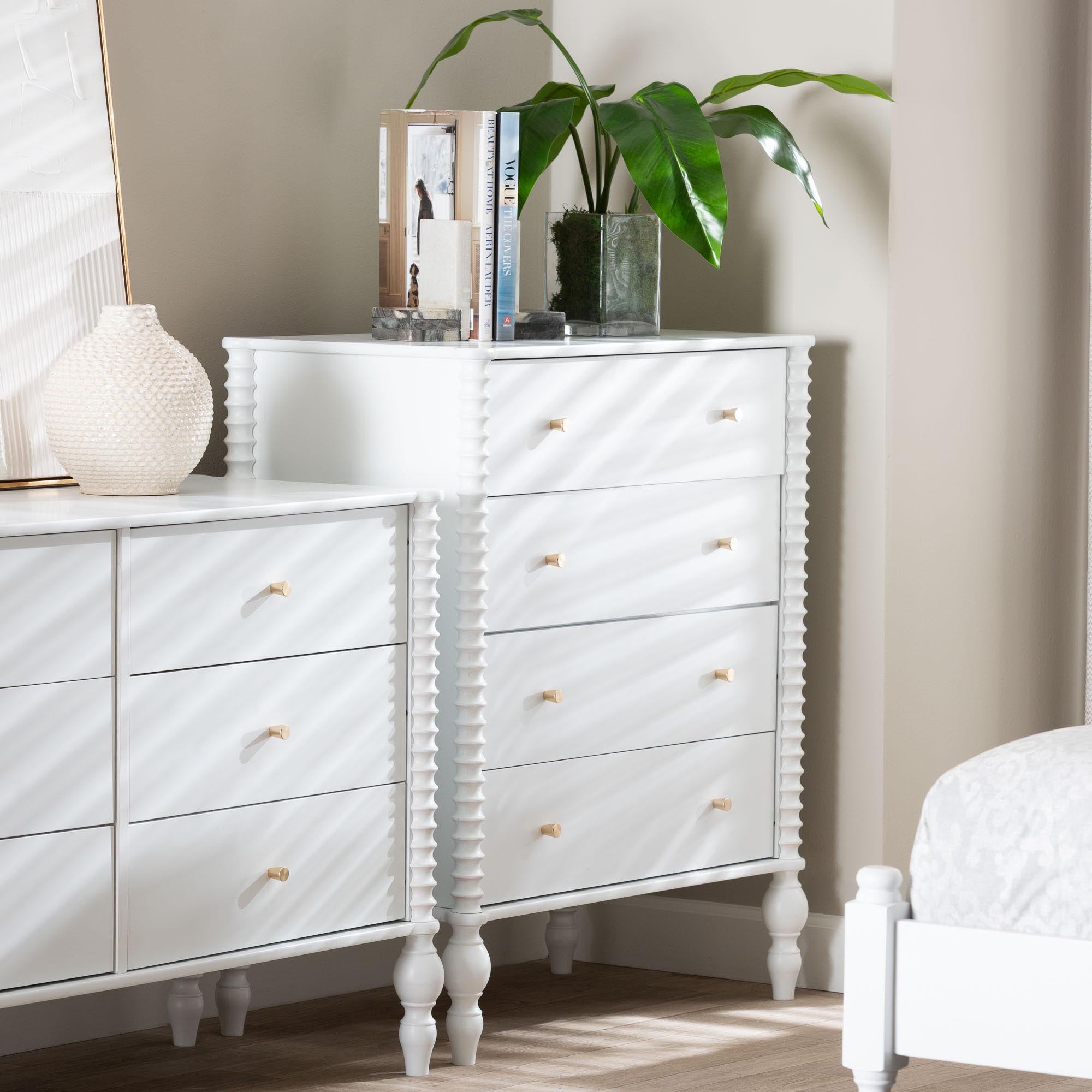 Baxton Studio Callison Spindle Chest - 4-Drawer Farmhouse Vertical Cabinet with Turned Accents for Bedroom, White