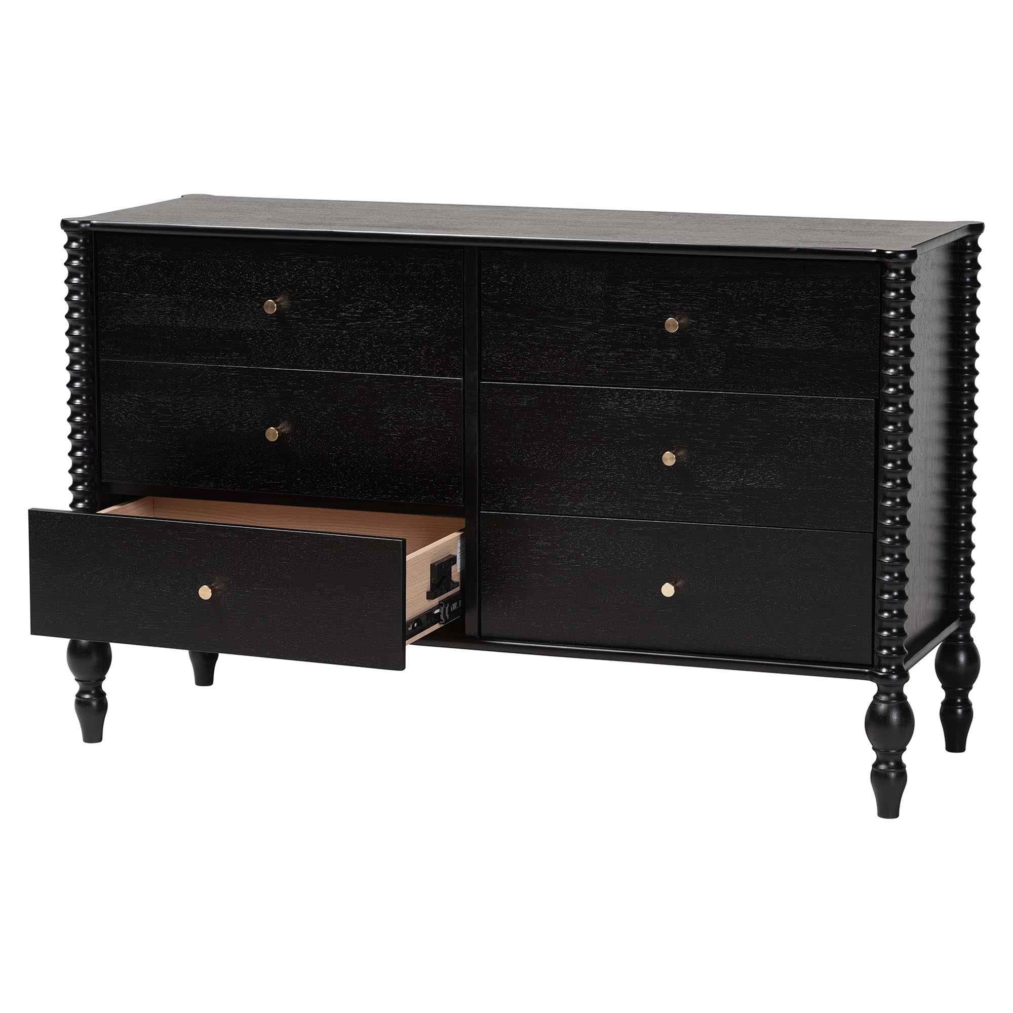 Baxton Studio Callison Spindle Dresser - 6-Drawer Farmhouse Horizontal Cabinet with Turned Accents for Bedroom, Black
