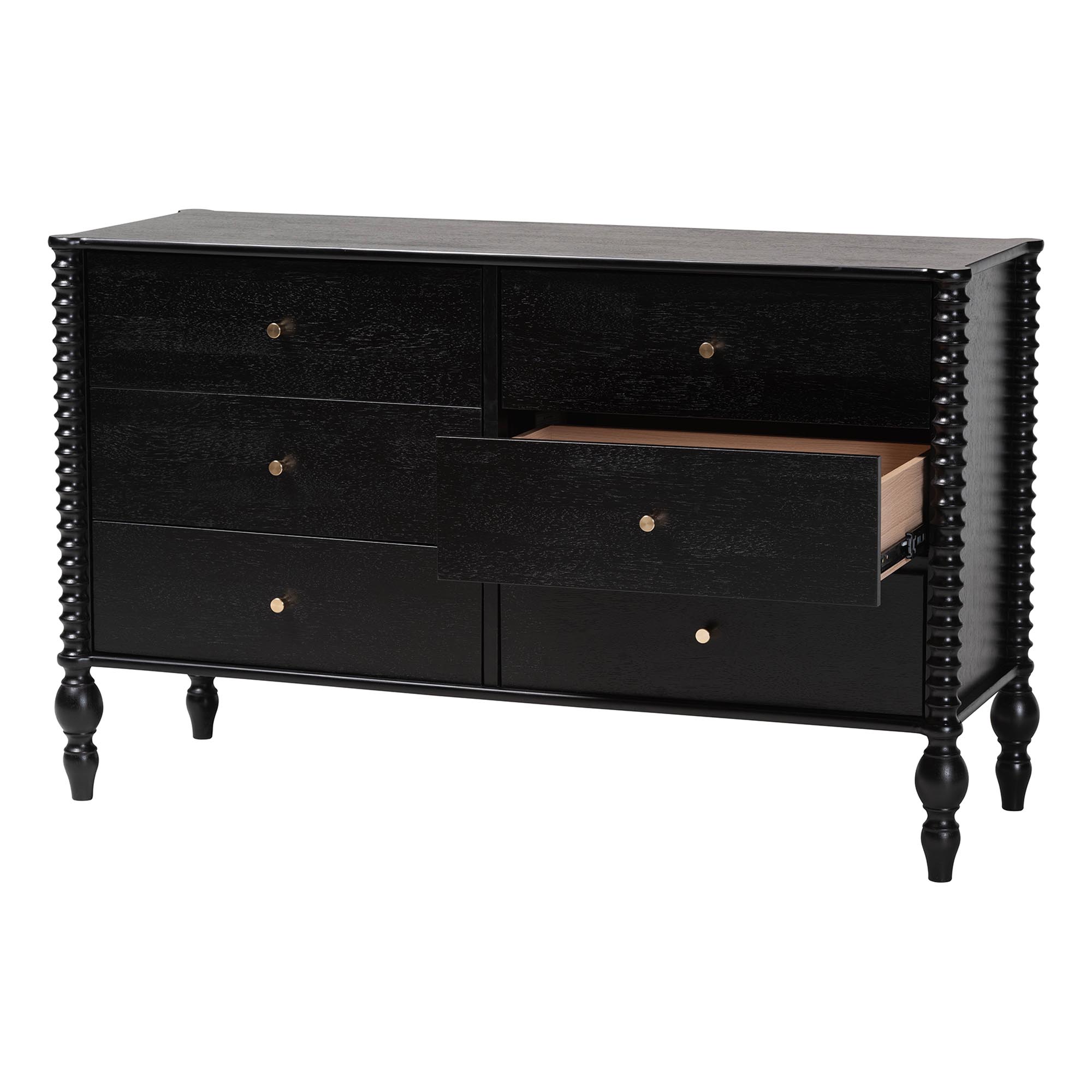 Baxton Studio Callison Spindle Dresser - 6-Drawer Farmhouse Horizontal Cabinet with Turned Accents for Bedroom, Black