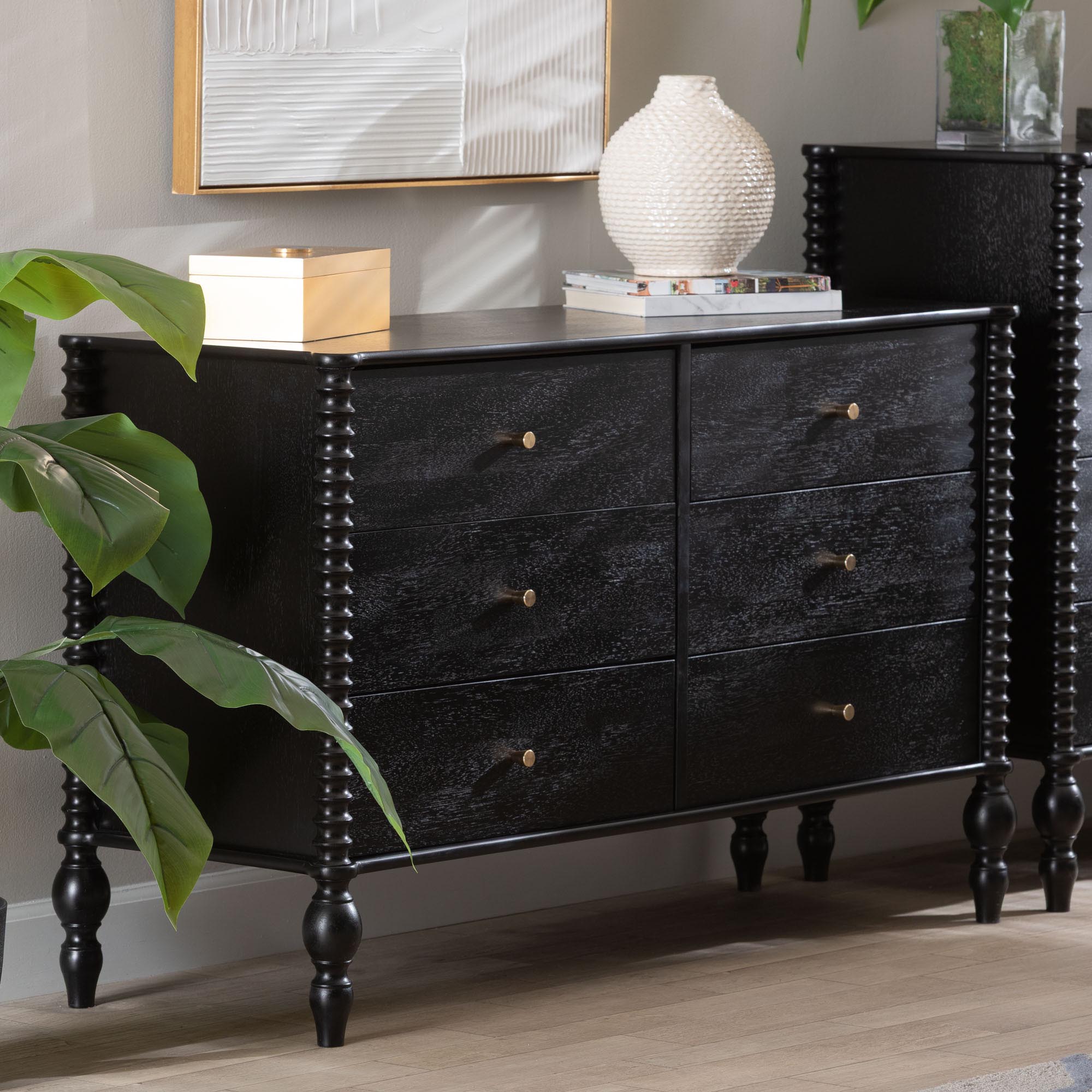 Baxton Studio Callison Spindle Dresser - 6-Drawer Farmhouse Horizontal Cabinet with Turned Accents for Bedroom, Black