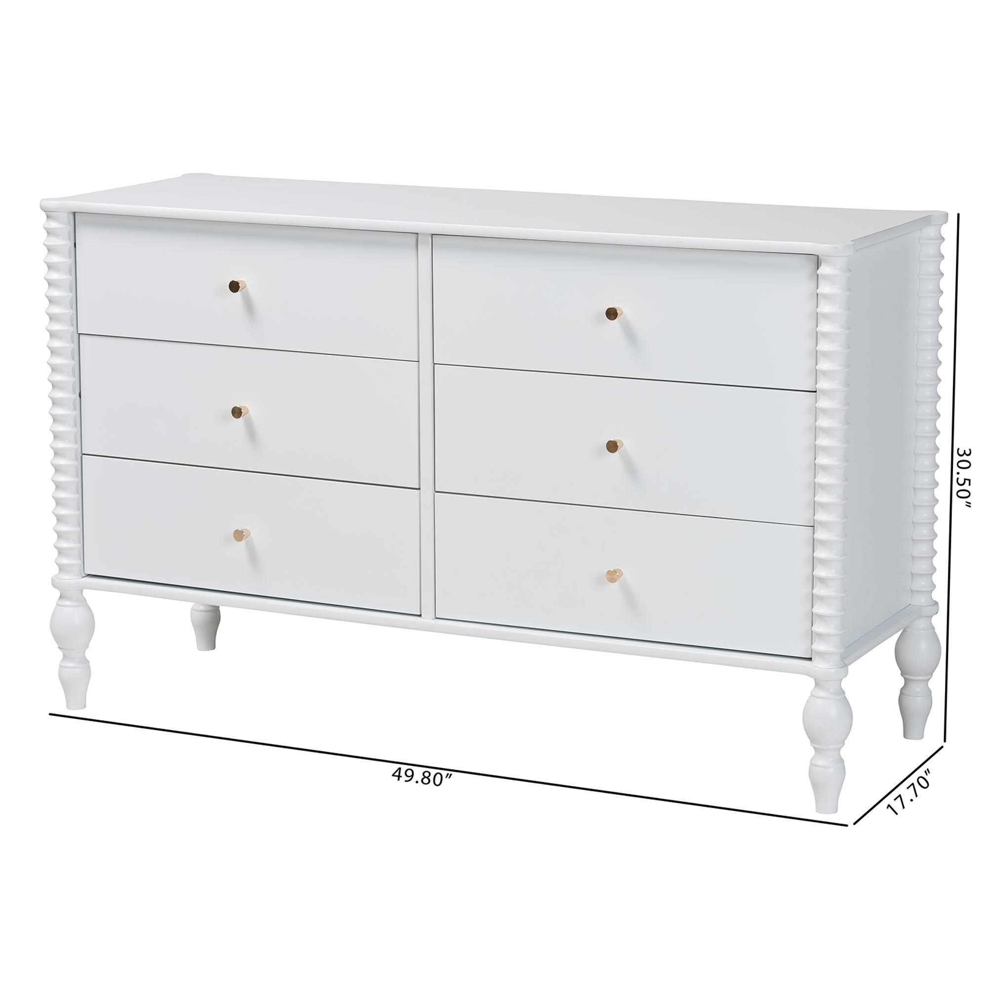 Baxton Studio Callison Spindle Dresser - 6-Drawer Farmhouse Horizontal Cabinet with Turned Accents for Bedroom, White