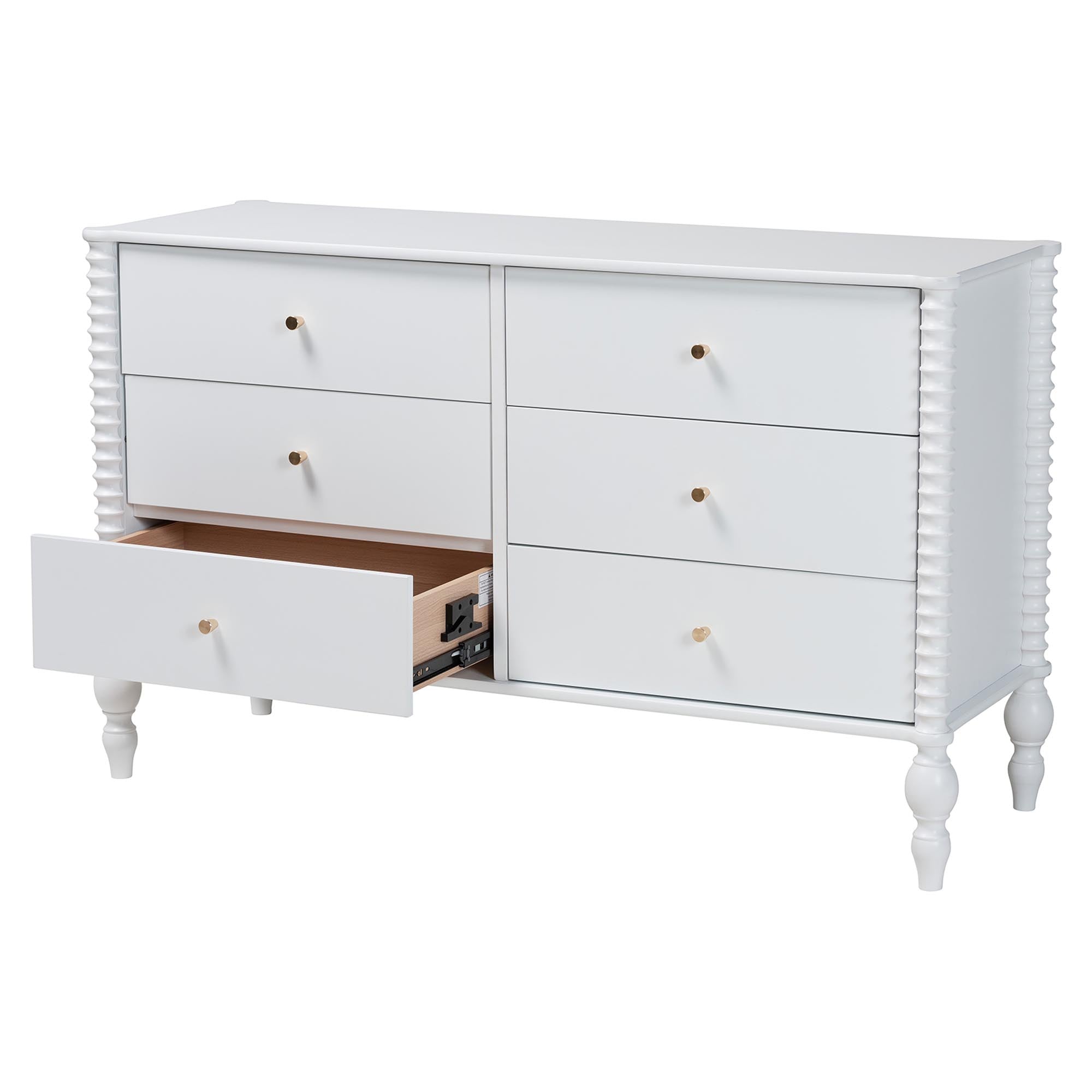 Baxton Studio Callison Spindle Dresser - 6-Drawer Farmhouse Horizontal Cabinet with Turned Accents for Bedroom, White