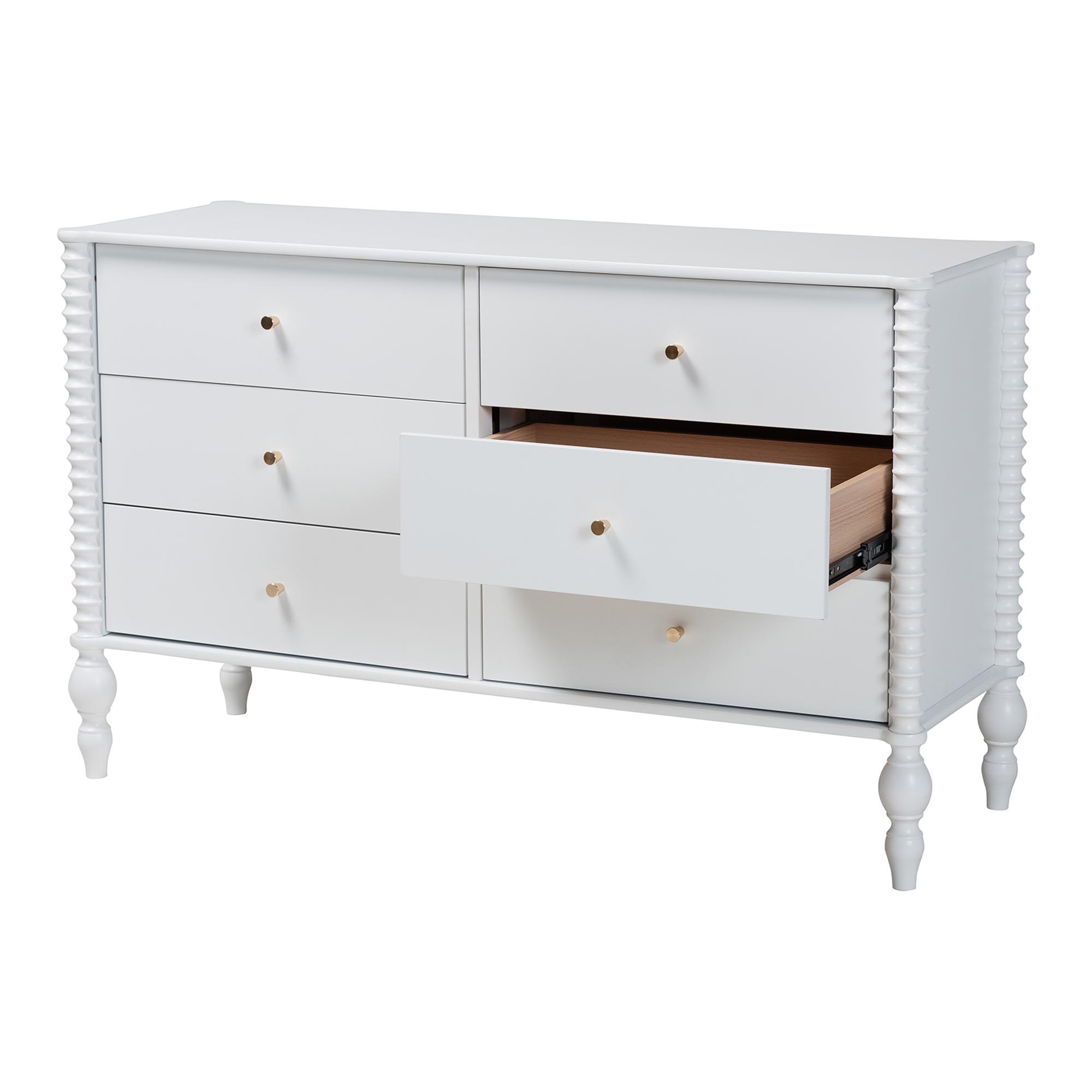 Baxton Studio Callison Spindle Dresser - 6-Drawer Farmhouse Horizontal Cabinet with Turned Accents for Bedroom, White