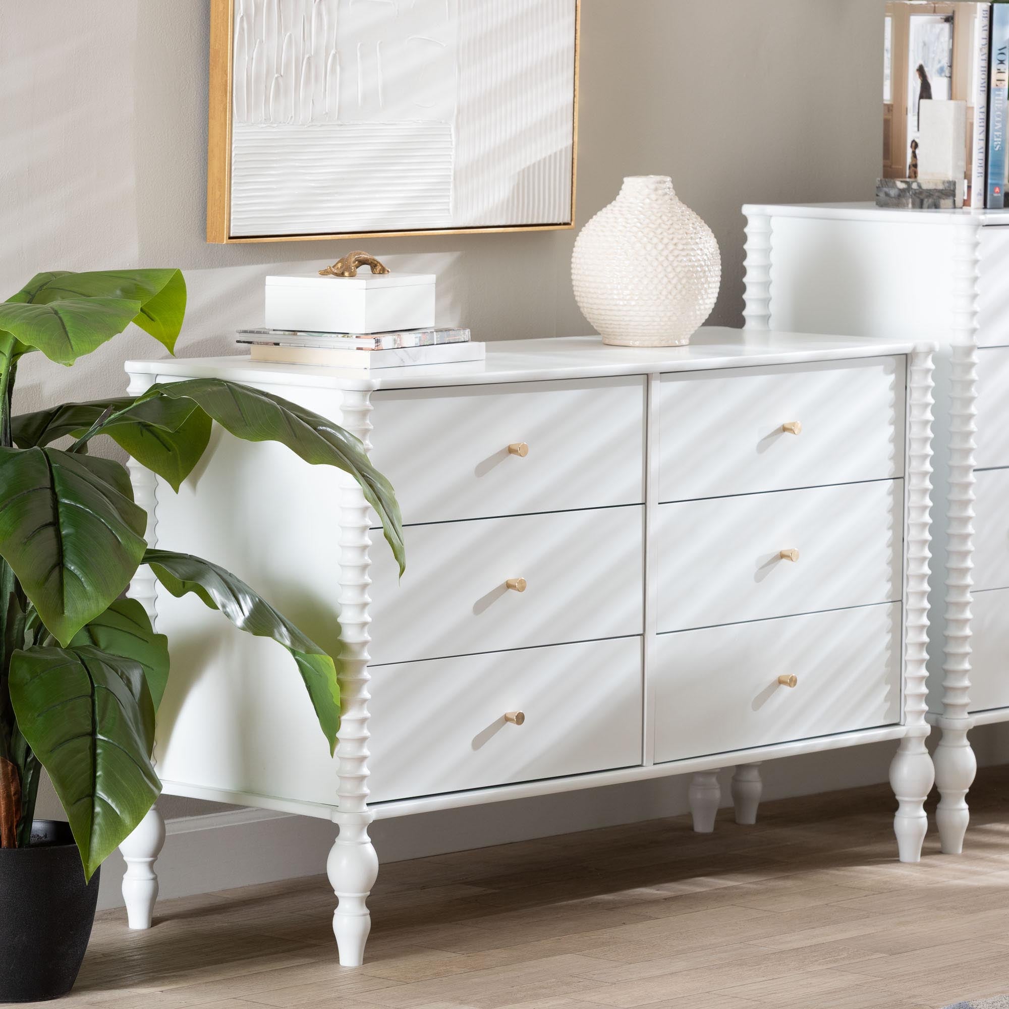 Baxton Studio Callison Spindle Dresser - 6-Drawer Farmhouse Horizontal Cabinet with Turned Accents for Bedroom, White