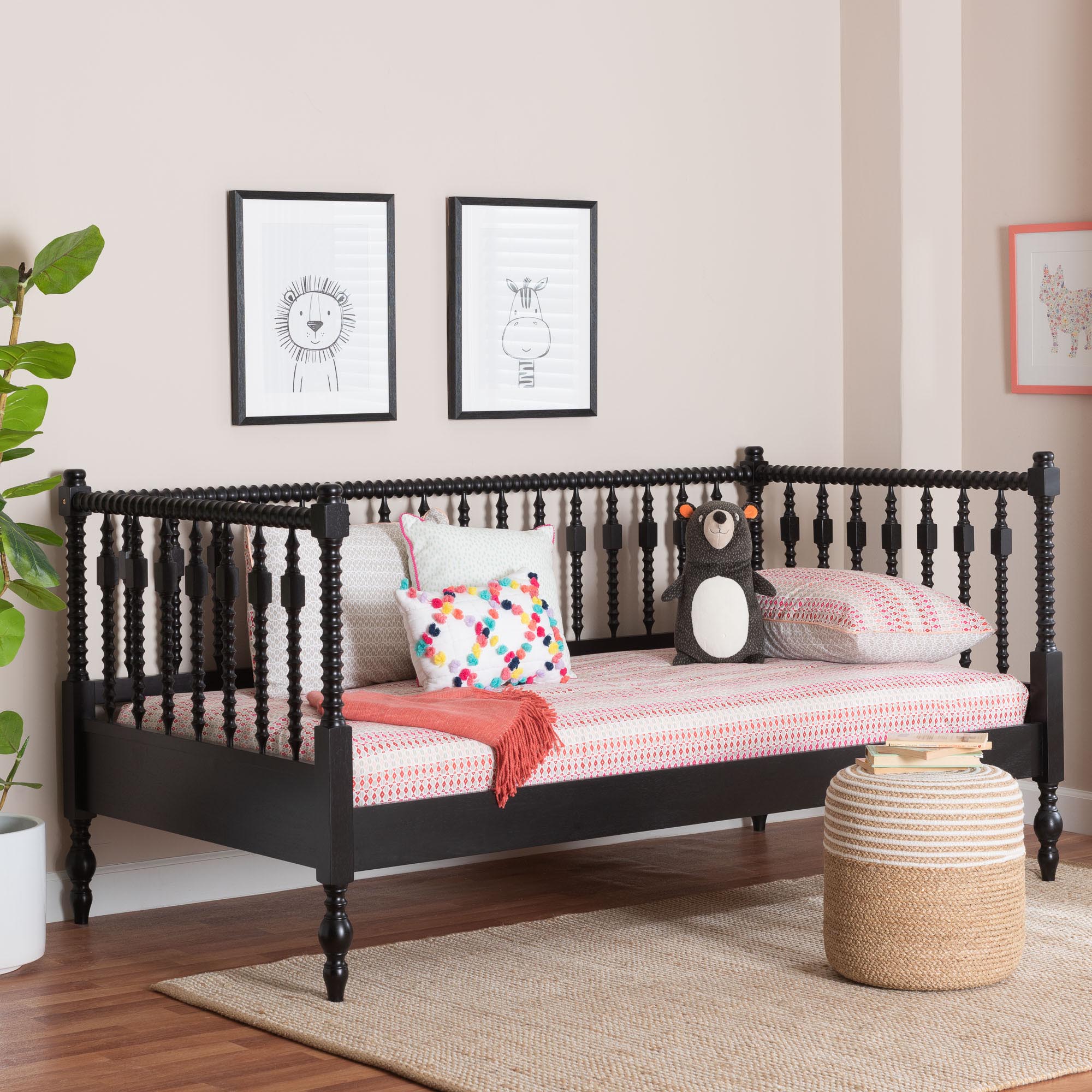 Baxton Studio Callison Spindle Daybed - Turned Farmhouse Sofa Bed with Spoked Frame Border for Living Room, Guest Room, or Kids Room, Black, Twin