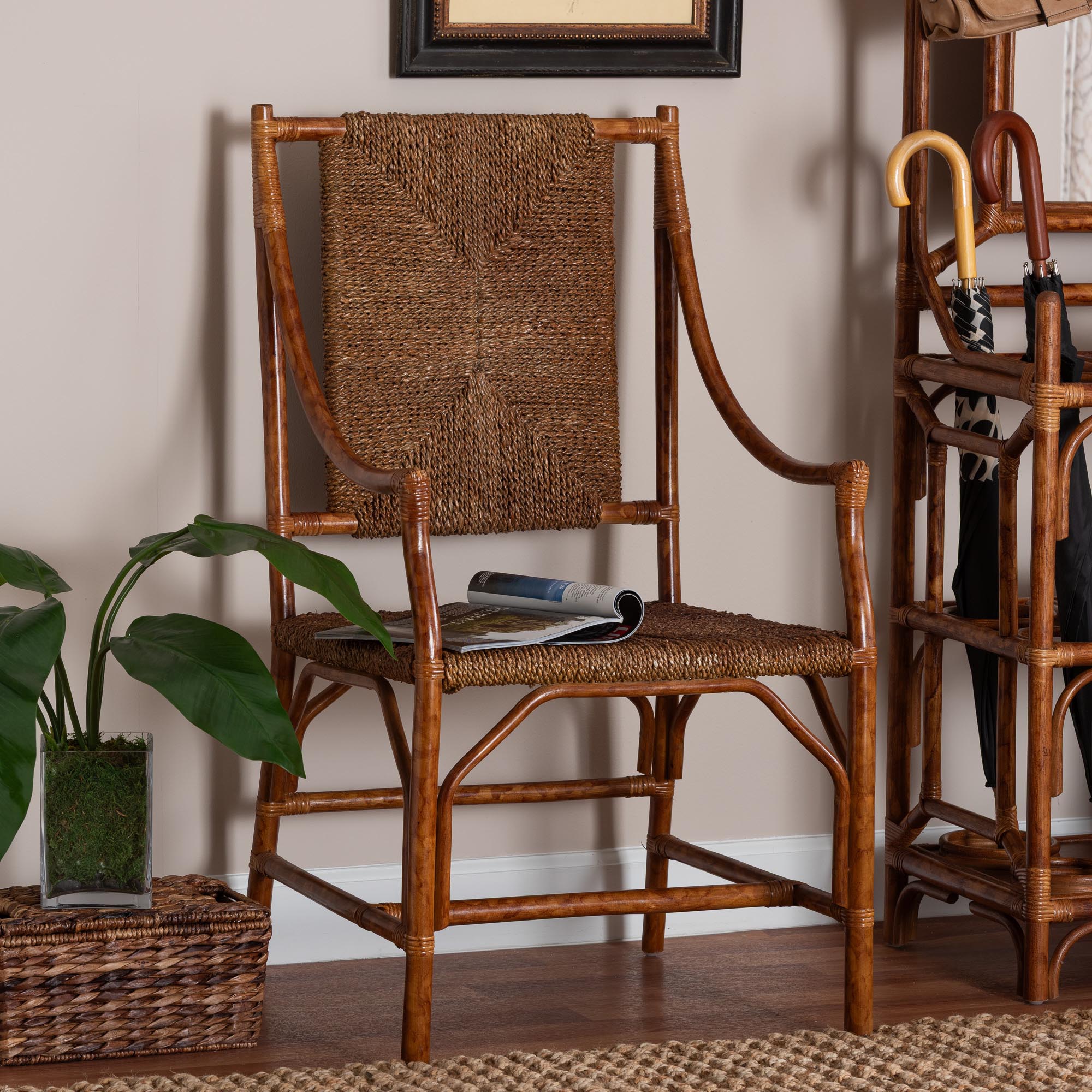 bali & pari Ramos Marbled Tortoise Natural Rattan and Seagrass Armchair - Handwoven Wicker Chair, Rustic Boho Accent Seating for Living Room or Lounge