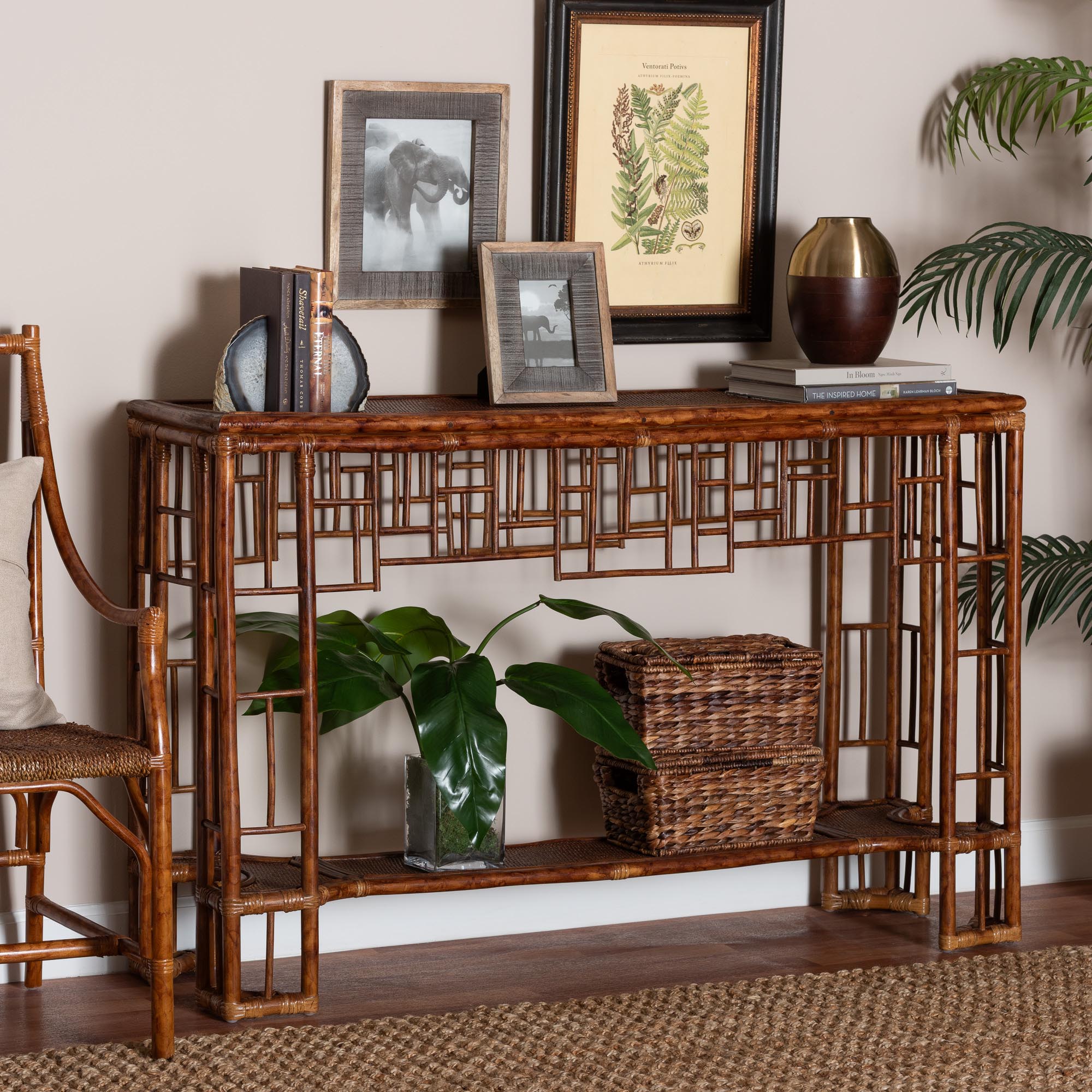 bali & pari Tahlia Marbled Tortoise Natural Rattan Console Table - Handcrafted Wicker Accent Table with Coastal Boho Style