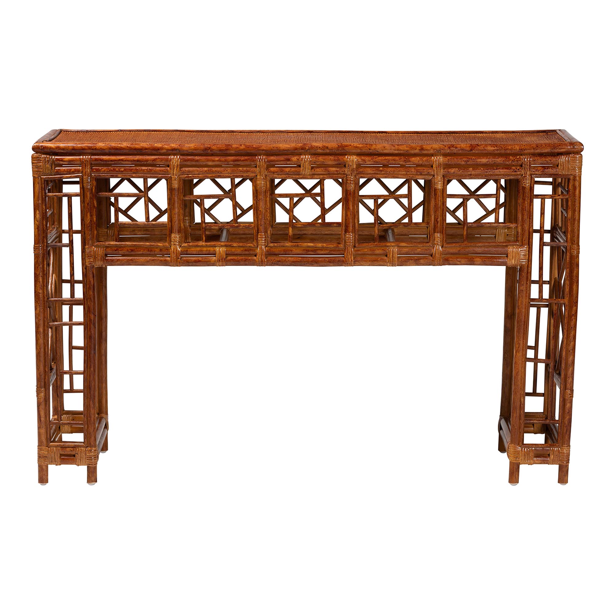 bali & pari Wahid Marbled Tortoise Natural Rattan Console Table - Handcrafted Wicker Accent Table with Coastal Boho Style for Entryway or Living Room