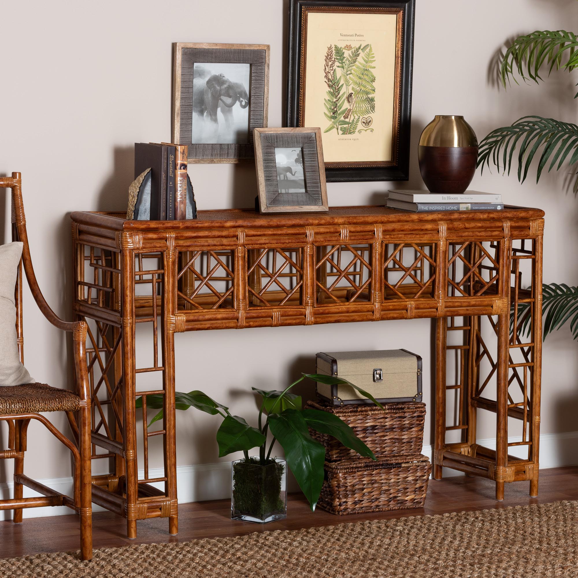 bali & pari Wahid Marbled Tortoise Natural Rattan Console Table - Handcrafted Wicker Accent Table with Coastal Boho Style for Entryway or Living Room