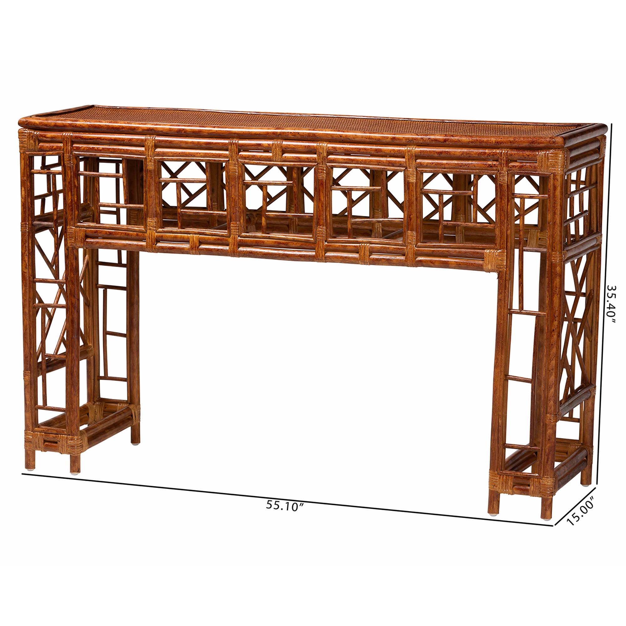 bali & pari Wahid Marbled Tortoise Natural Rattan Console Table - Handcrafted Wicker Accent Table with Coastal Boho Style for Entryway or Living Room