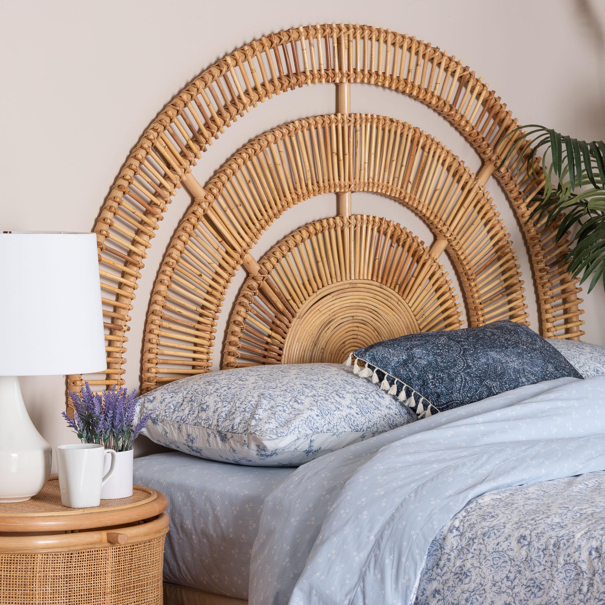 bali & pari Luna Natural Rattan Headboard - Handwoven Wicker Wall-Mount Headboard in Half-Moon Shape, Coastal Boho Bedroom Backdrop, Queen