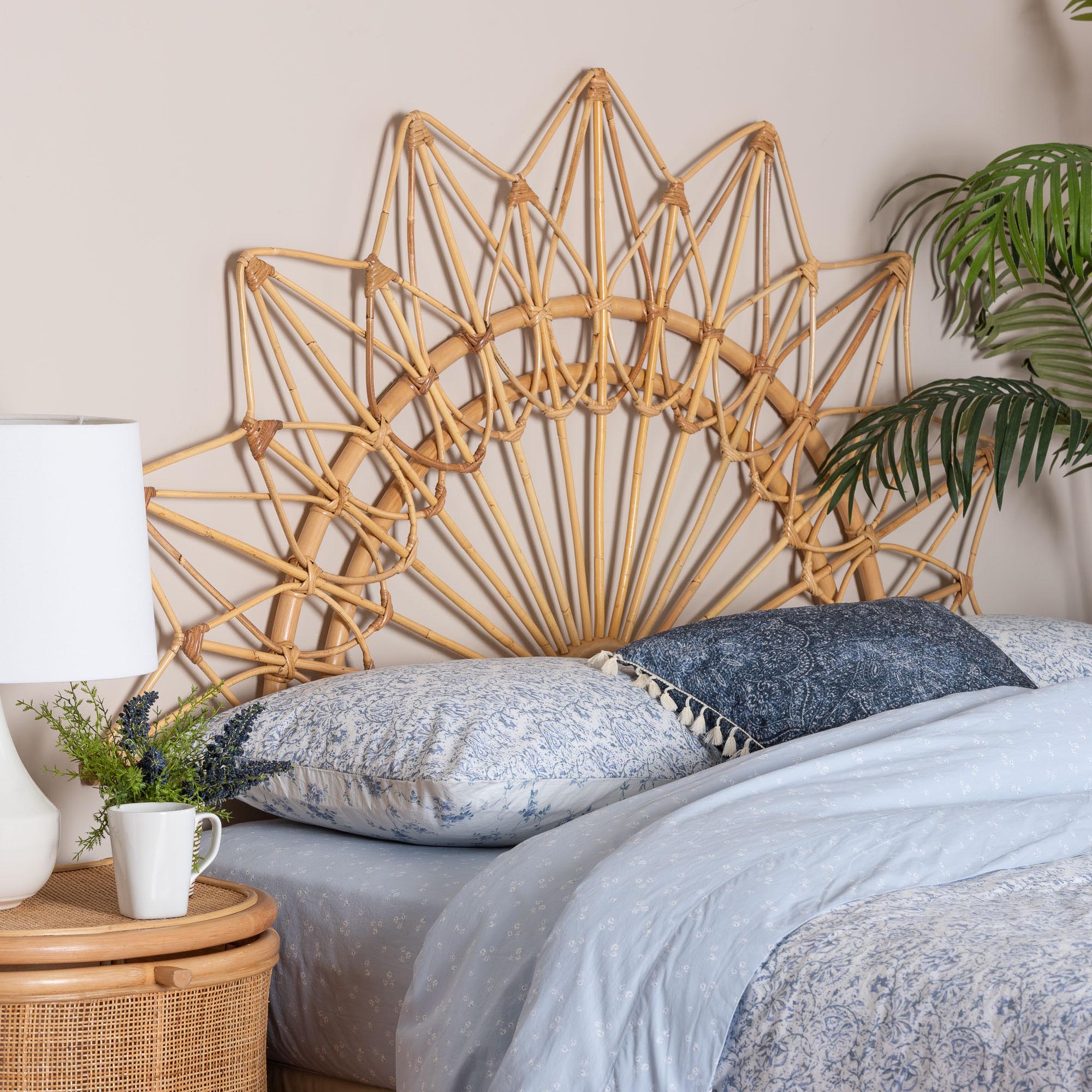 bali & pari Solara Natural Rattan Headboard - Handwoven Wicker Wall-Mount Headboard in Sunburst Shape, Coastal Boho Bedroom Backdrop, Queen