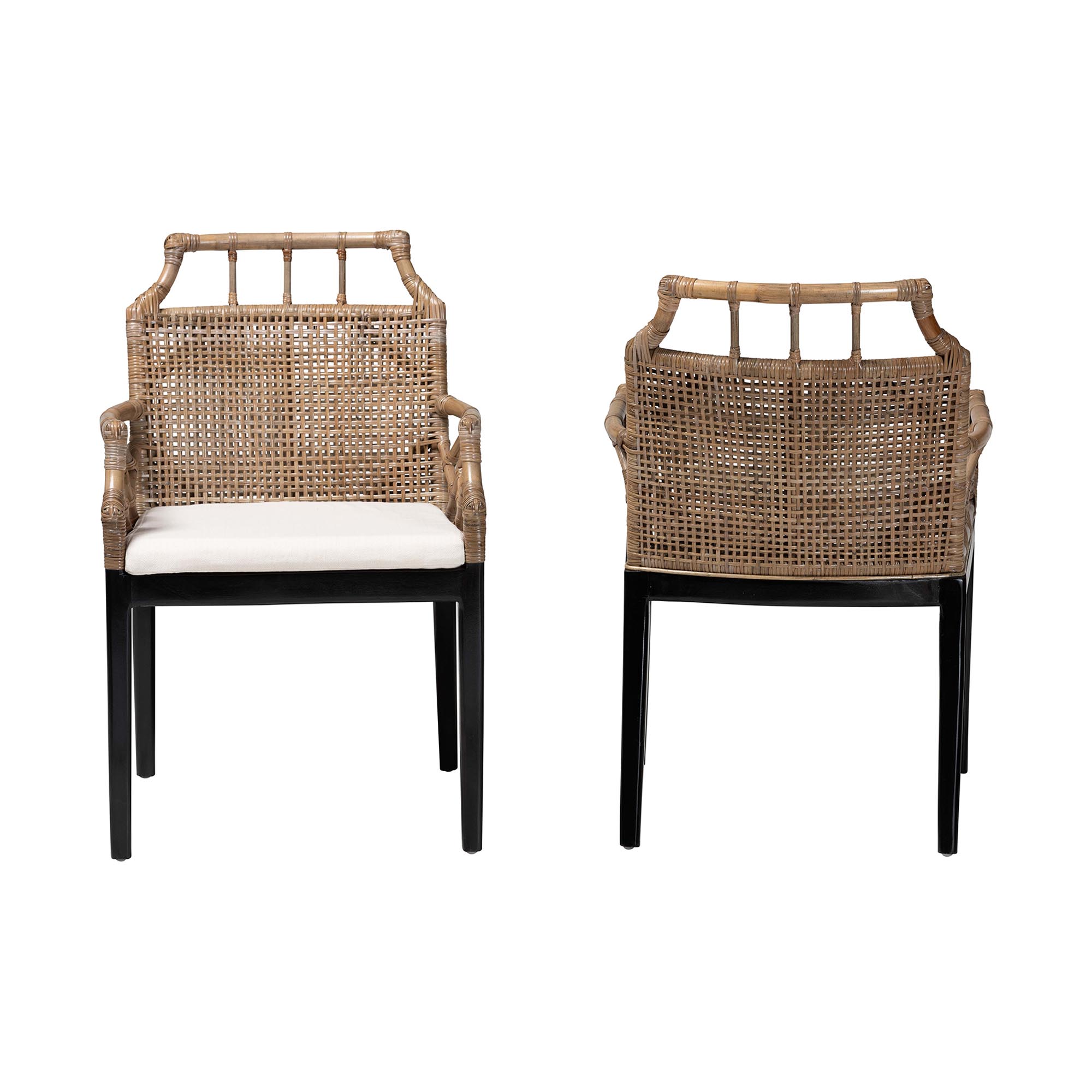 bali & pari Abiel Natural Rattan 2-Piece Dining Armchair Set with Cushion - Handwoven Wicker Chair with Mahogany Wood Frame, Coastal Boho Seating for Dining Room or Kitchen
