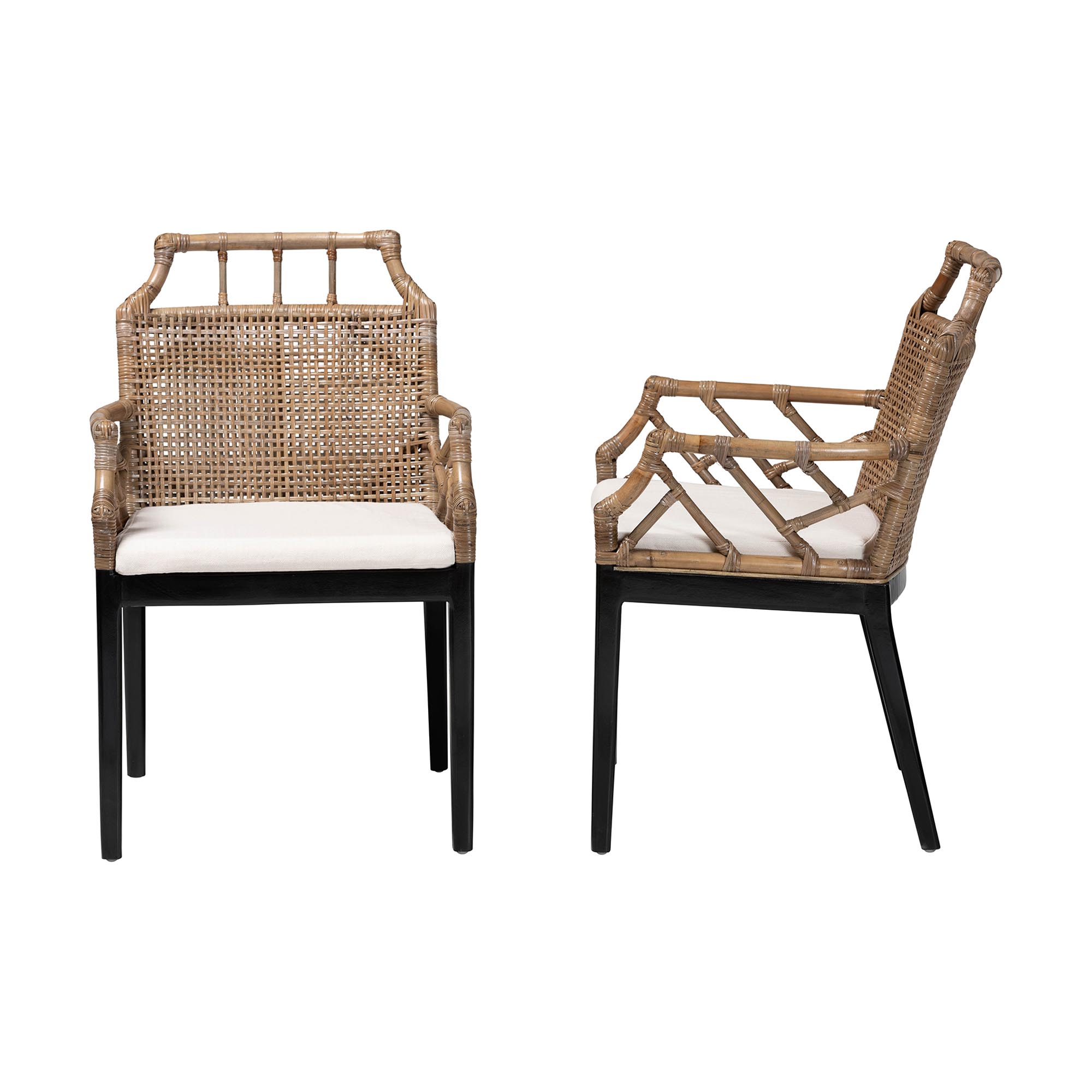 bali & pari Abiel Natural Rattan 2-Piece Dining Armchair Set with Cushion - Handwoven Wicker Chair with Mahogany Wood Frame, Coastal Boho Seating for Dining Room or Kitchen