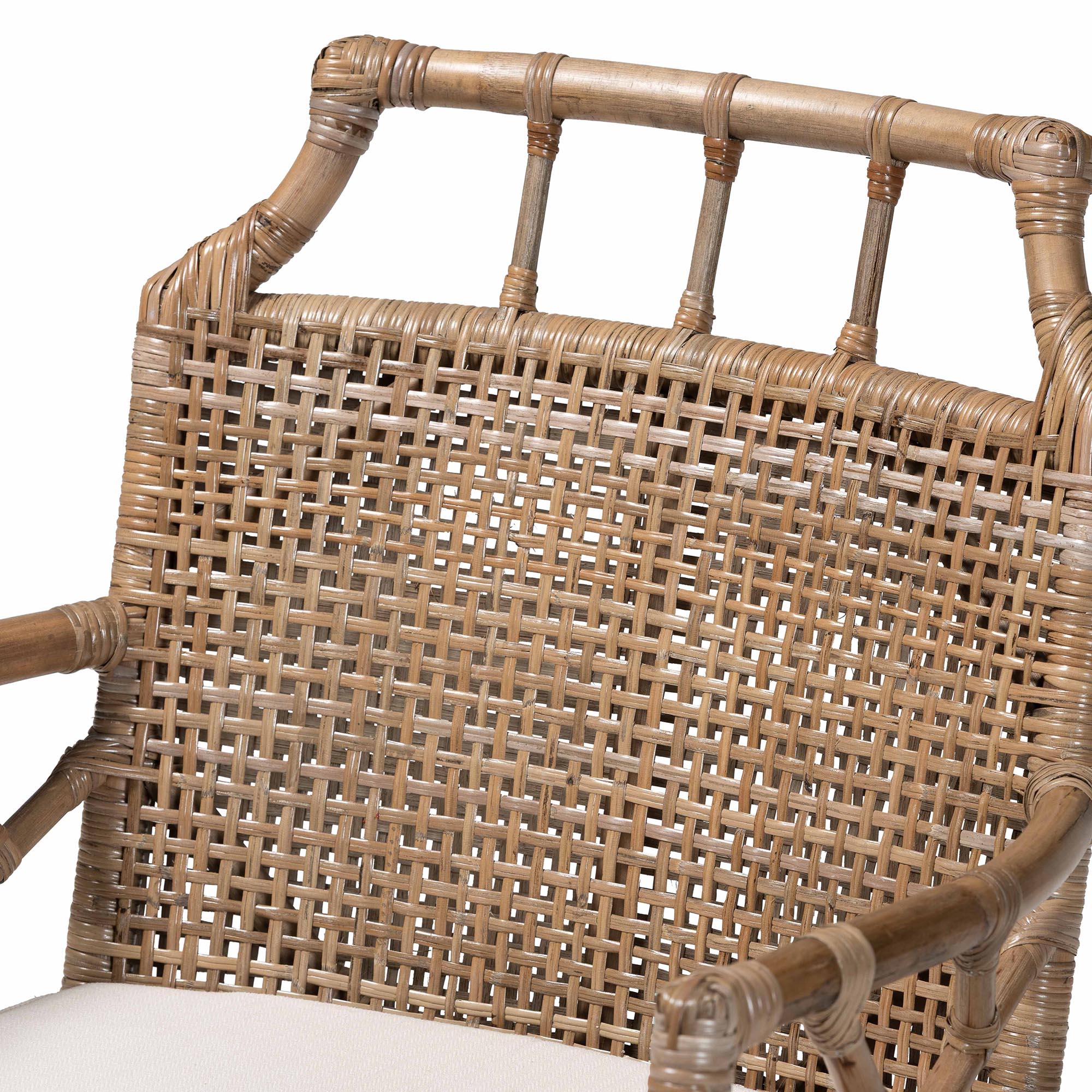 bali & pari Abiel Natural Rattan 2-Piece Dining Armchair Set with Cushion - Handwoven Wicker Chair with Mahogany Wood Frame, Coastal Boho Seating for Dining Room or Kitchen