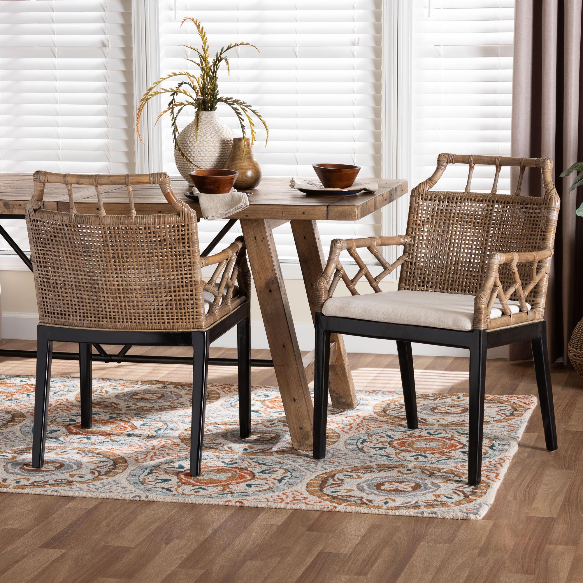bali & pari Abiel Natural Rattan 2-Piece Dining Armchair Set with Cushion - Handwoven Wicker Chair with Mahogany Wood Frame, Coastal Boho Seating for Dining Room or Kitchen