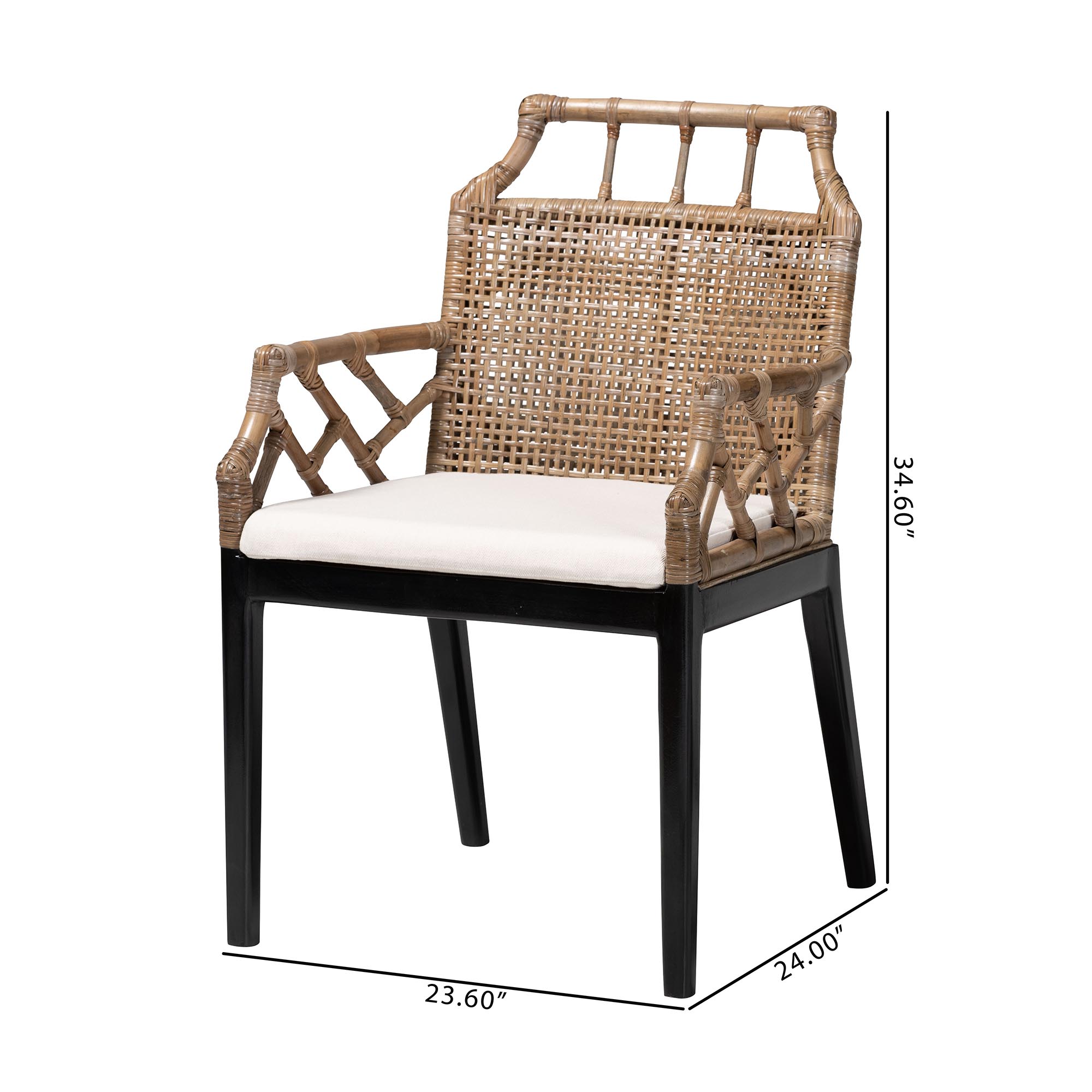 bali & pari Abiel Natural Rattan 2-Piece Dining Armchair Set with Cushion - Handwoven Wicker Chair with Mahogany Wood Frame, Coastal Boho Seating for Dining Room or Kitchen
