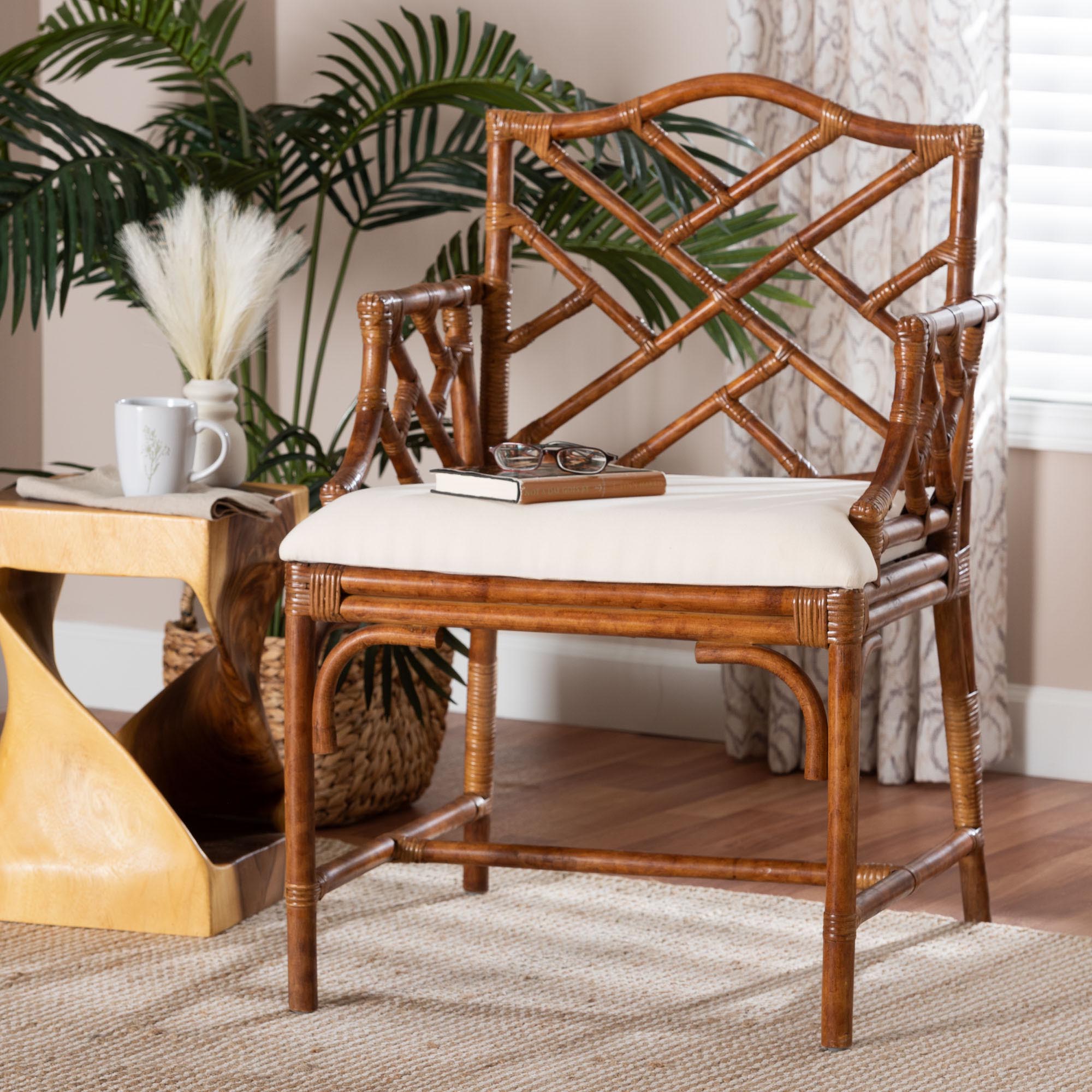 bali & pari Aella Marbled Tortoise Natural Rattan Armchair - Handcrafted Wicker Accent Seating with Open Back, Boho Coastal Seating for Living Room