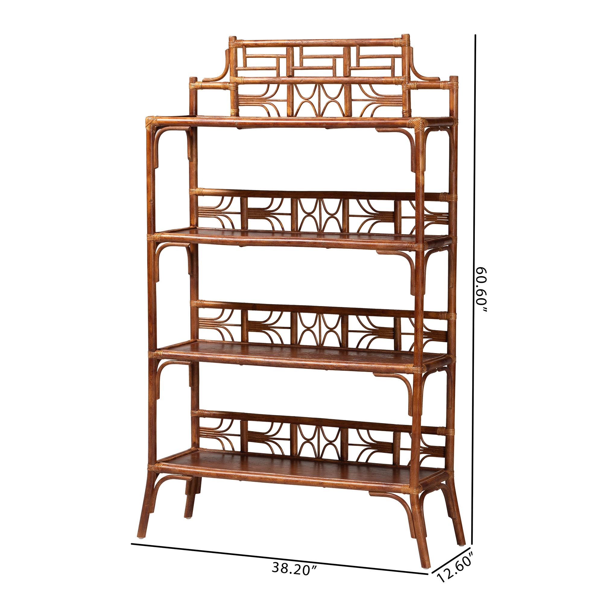 bali & pari Aleya Marbled Tortoise Natural Rattan Display Shelf - 4-Tier Handcrafted Wicker Etagere with Openwork Frame, Tropical Bookcase for Living Room or Entryway